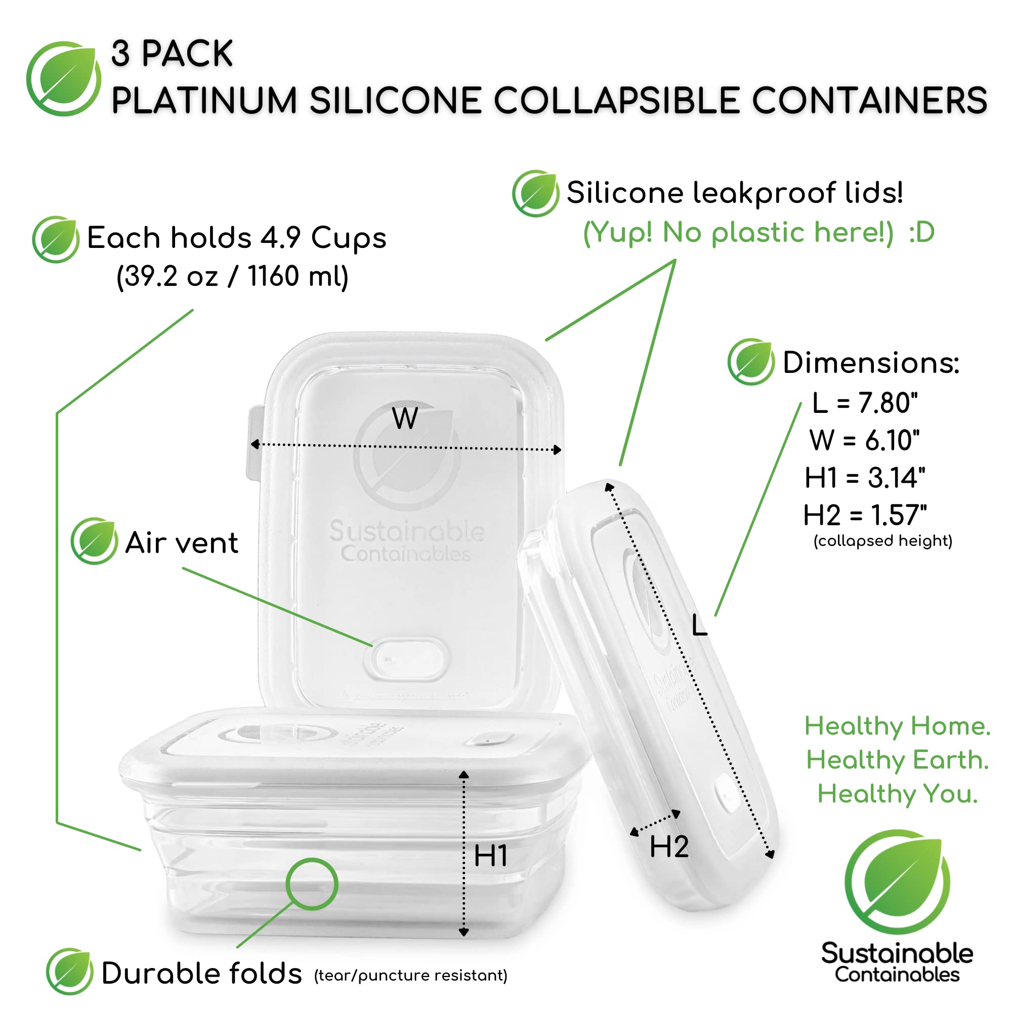Premium Silicone Collapsible Food Storage Containers With Silicone Leakproof Lids, Platinum Food-Grade, Bpa Free, Lfgb Certified