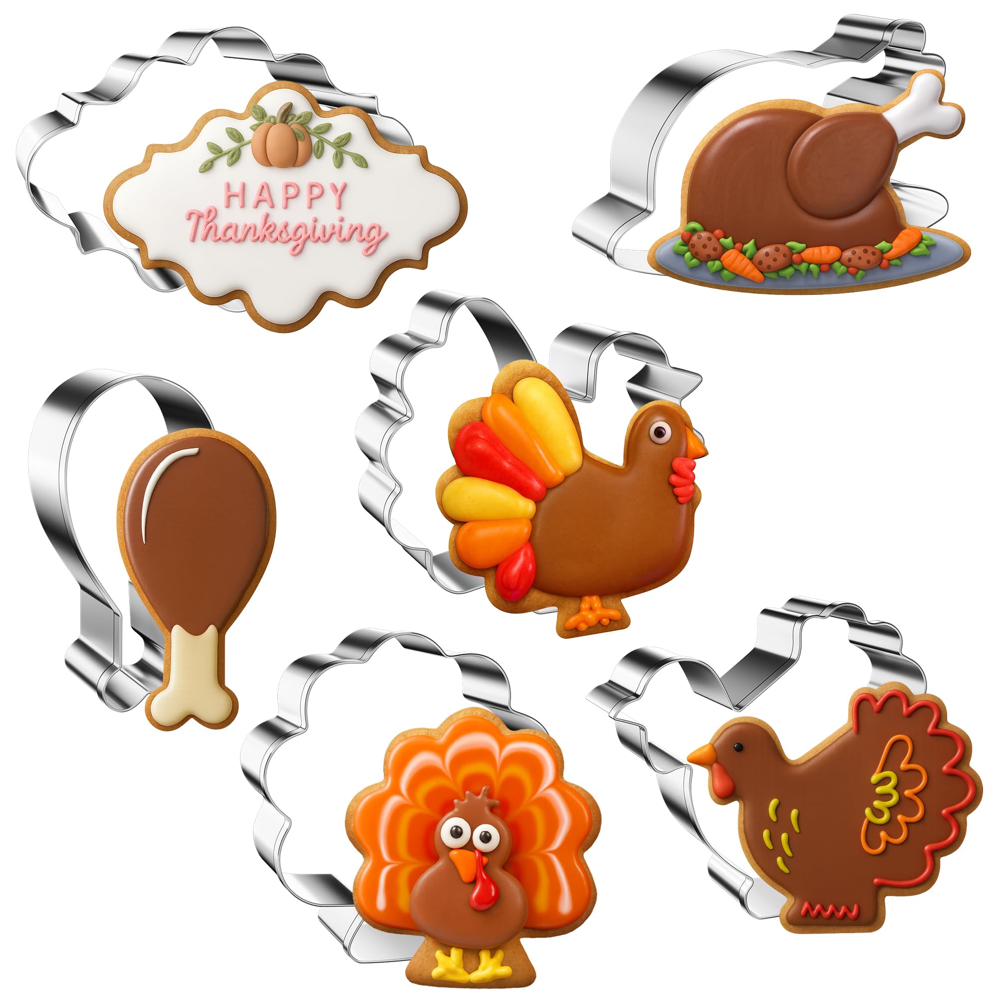 6PCS Thanksgiving Turkey Cookie Cutters Set, Holiday Cookie Cutter Thanksgiving Turkey Shapes for Baking-Turkey, Chicken Leg, Fa