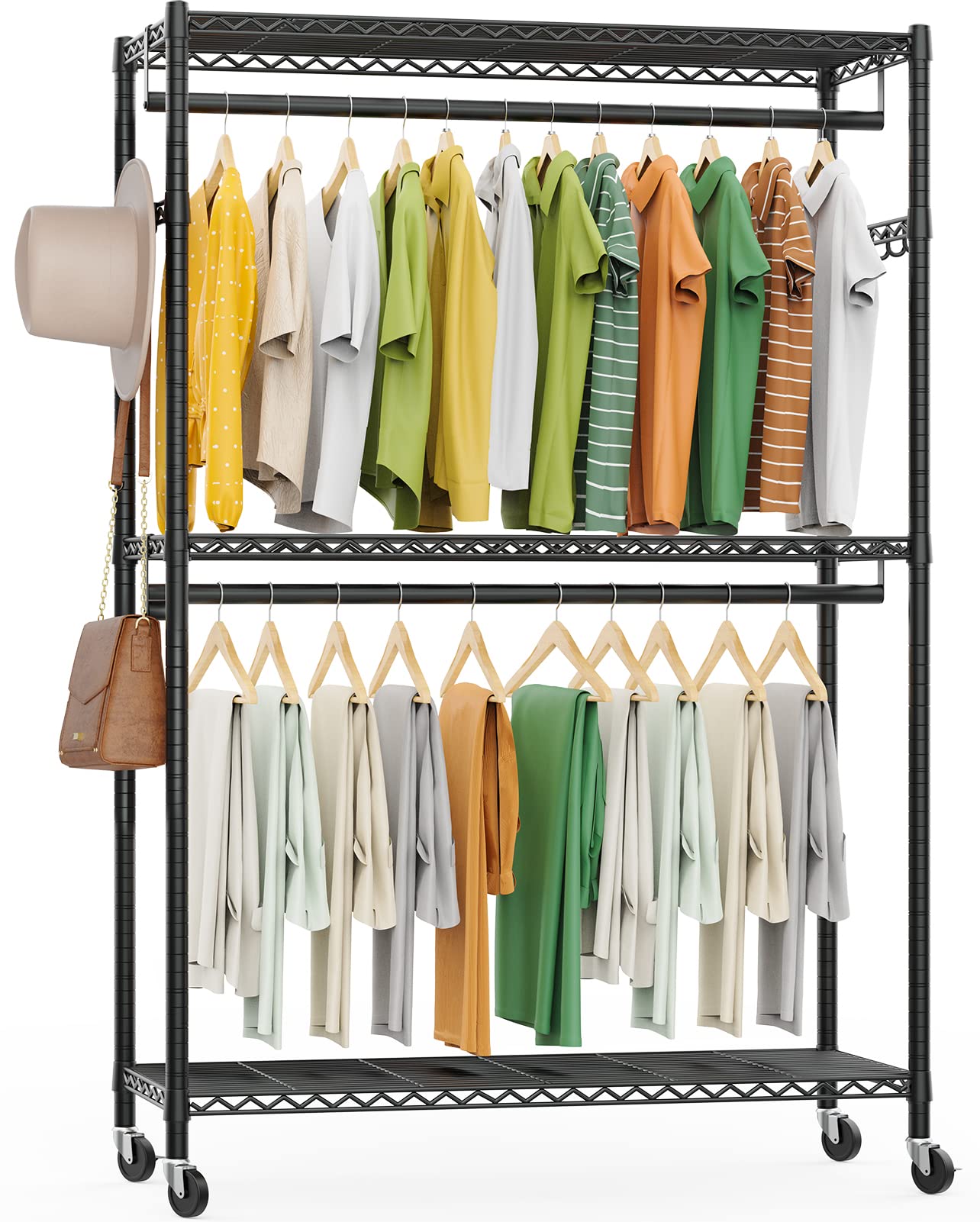 Lehom G1 3 Tiers Garment Rack With Storage Shelves, Heavy Duty Rolling Free-Standing Clothing Rack Closet Organizer With Double