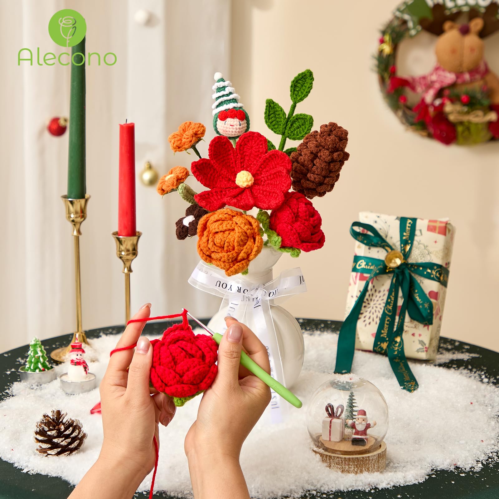 Alecono Crochet Flower Bouquet, Christmas Knitted Flowers, Green Completed Handmade Flower for Lover Anniversary Birthday Party