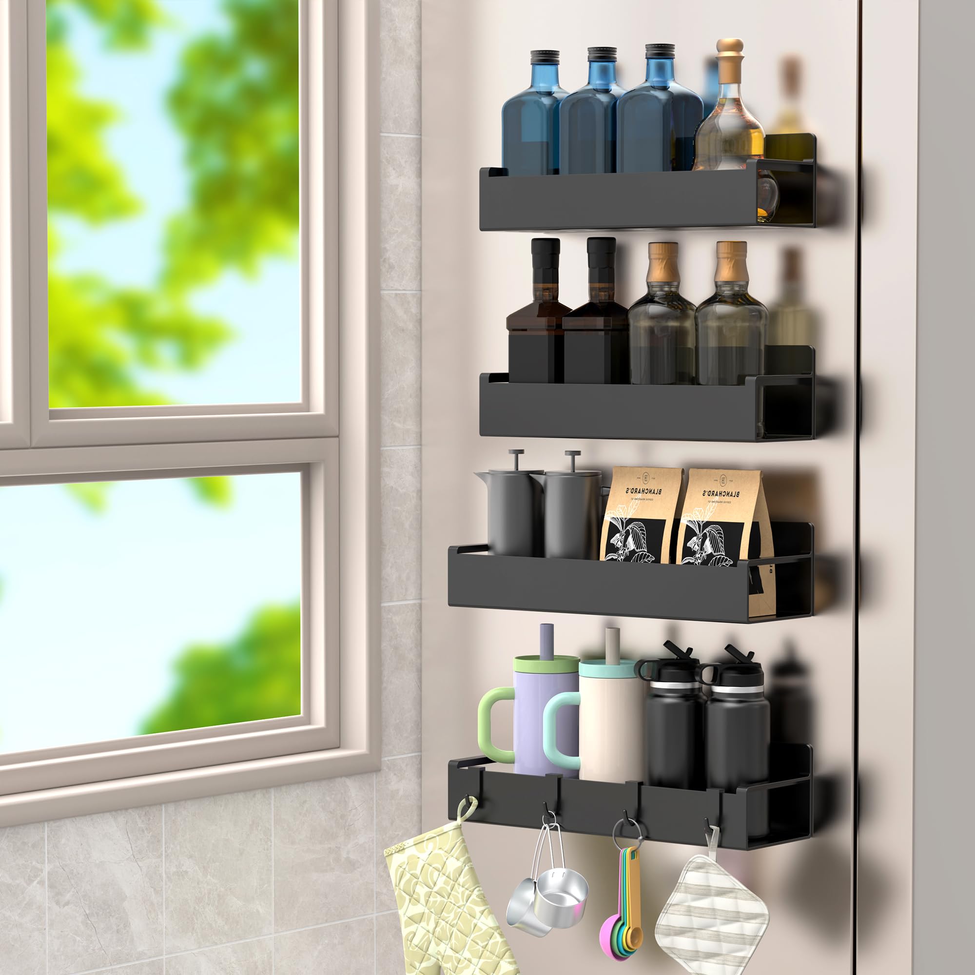 HuggieGems 4 Pack Magnetic Spice Rack Organizer for Refrigerator and Oven, Matt Black Fridge Organizers and Storage for Kitchen