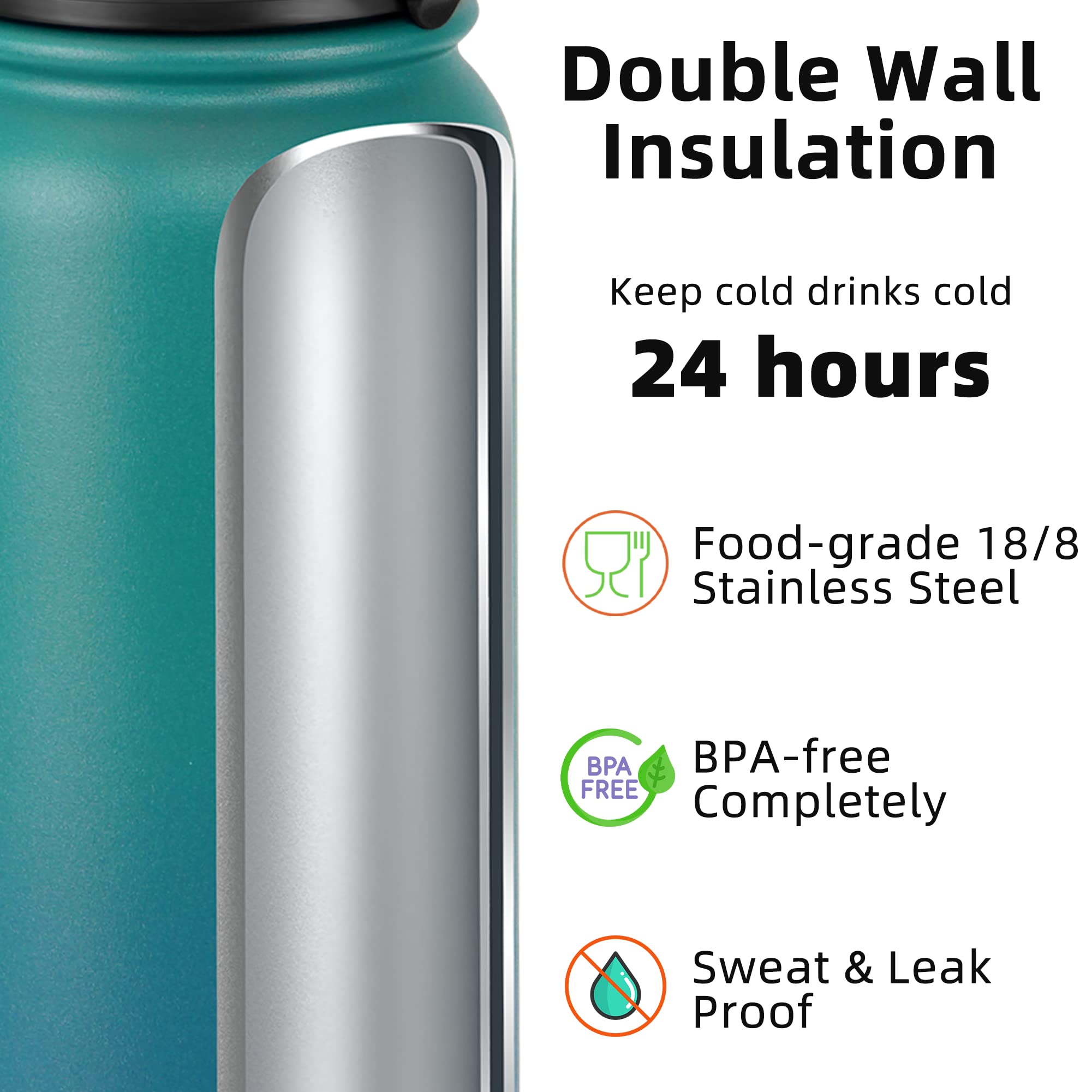 Fanhaw 32 Oz Insulated Stainless Steel Water Bottle With 1 Lid (Chug Lid) - Leak & Sweat Proof With Anti-Dust Lid (Green Blue)