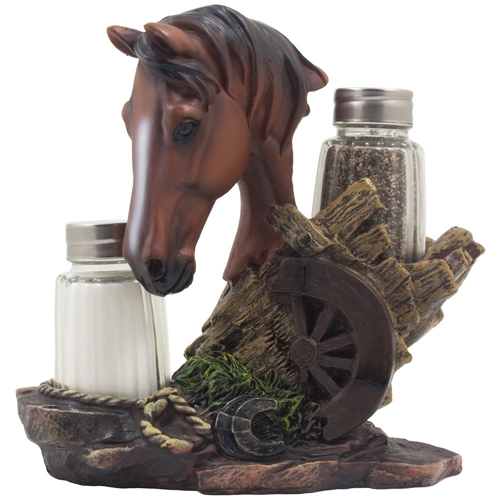 Chestnut Stallion Glass Salt & Pepper Shaker Set With Decorative Brown Horse Statue Holder For Western Ranch Decor Or Country Fa