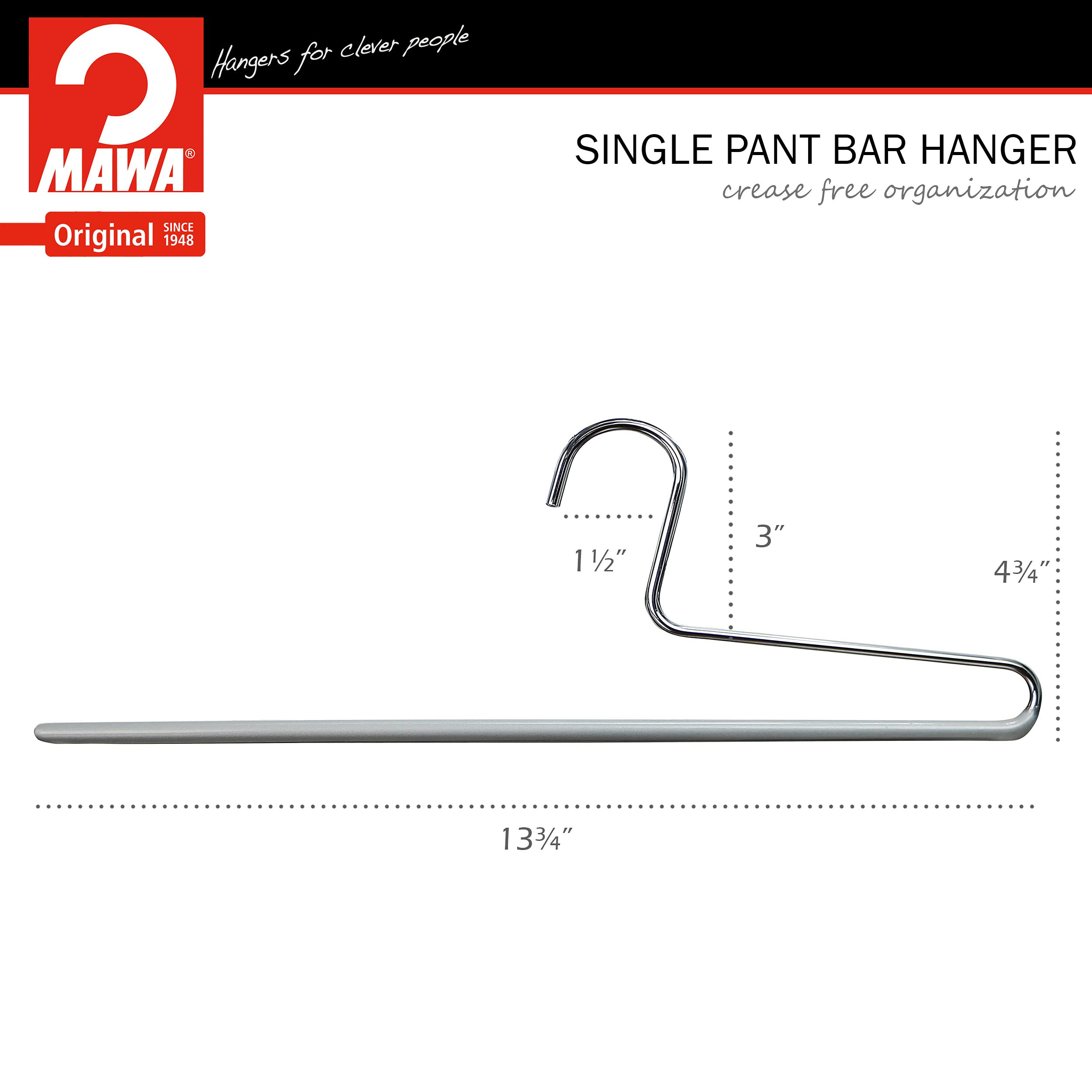 Mawa By Reston Lloyd Trouser Series Non-Slip Space-Saving Clothes Hanger With Single Rod For Pants, Style Kh/1, Set Of 4, Silver