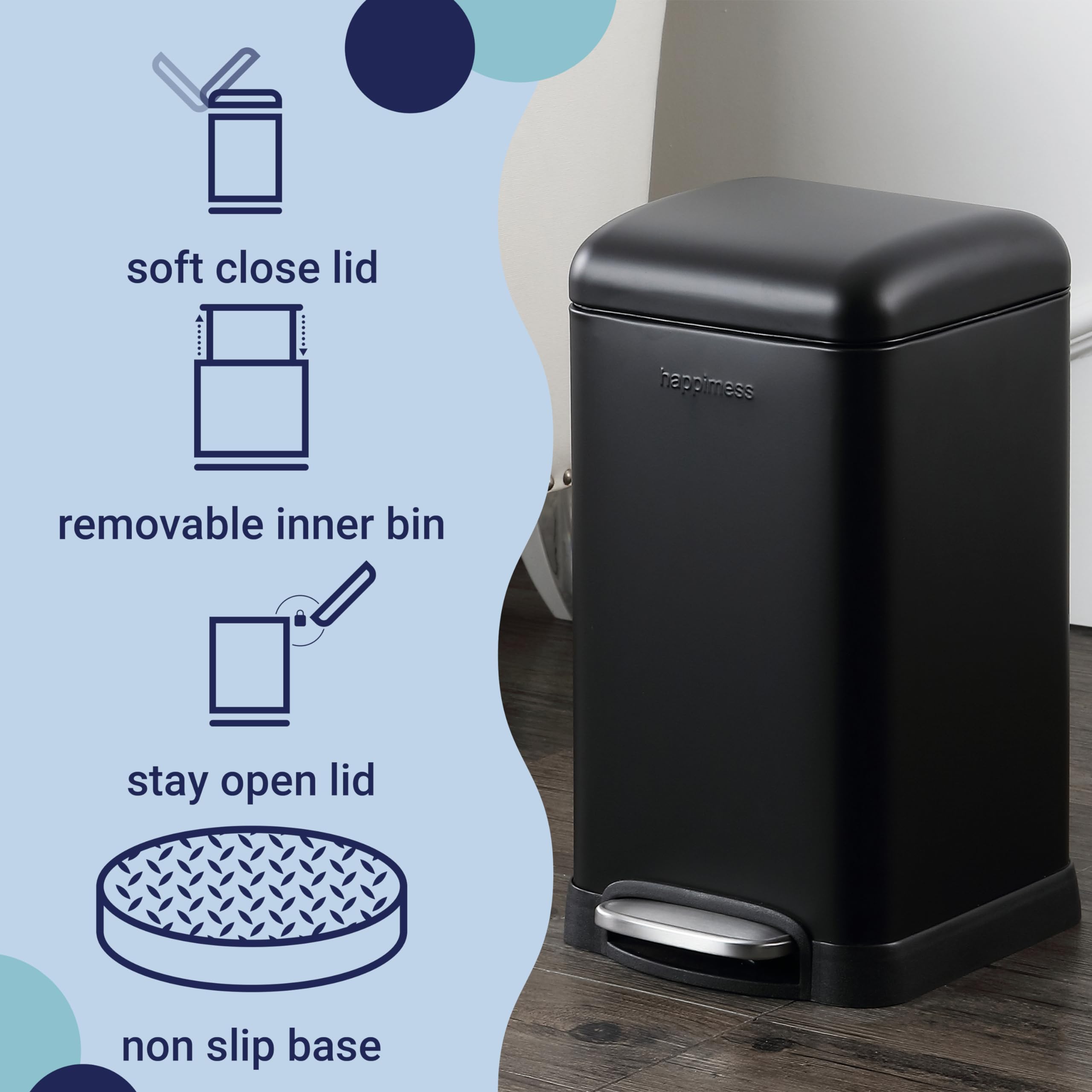 Happimess Hpm1012B Betty Retro Mini 3.2-Gallon Step-Open Trash Can With Soft-Close Lid, Modern, Minimalistic, Fingerprint Proof