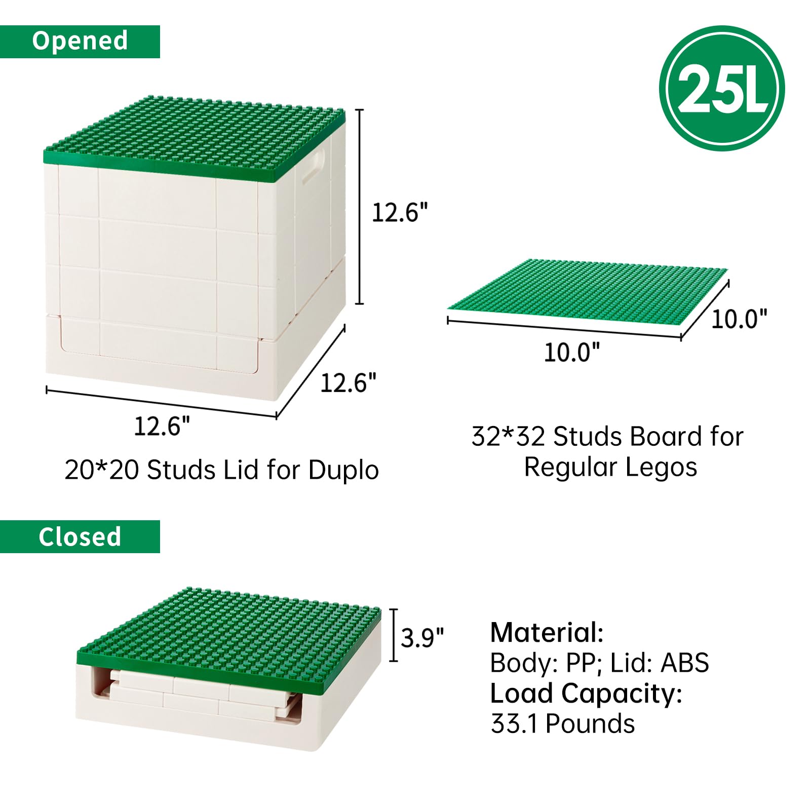 Shimoyama Collapsible Storage Box With Large Building Base For Duplo Blocks, 26 Qt. Foldable Storage Bin (Dark Green)