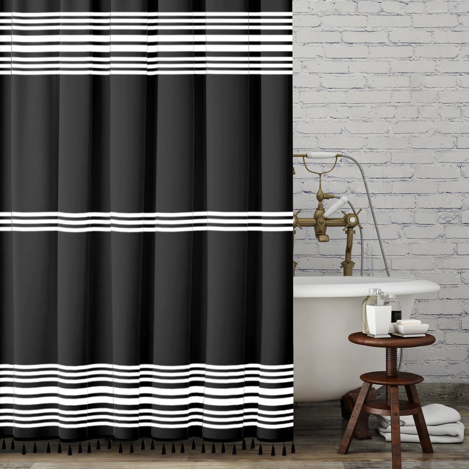 Seasonwood Black Shower Curtain White Striped Modern Fabric Shower Curtain With Black Tassels Boho Farmhouse Shower Curtains For