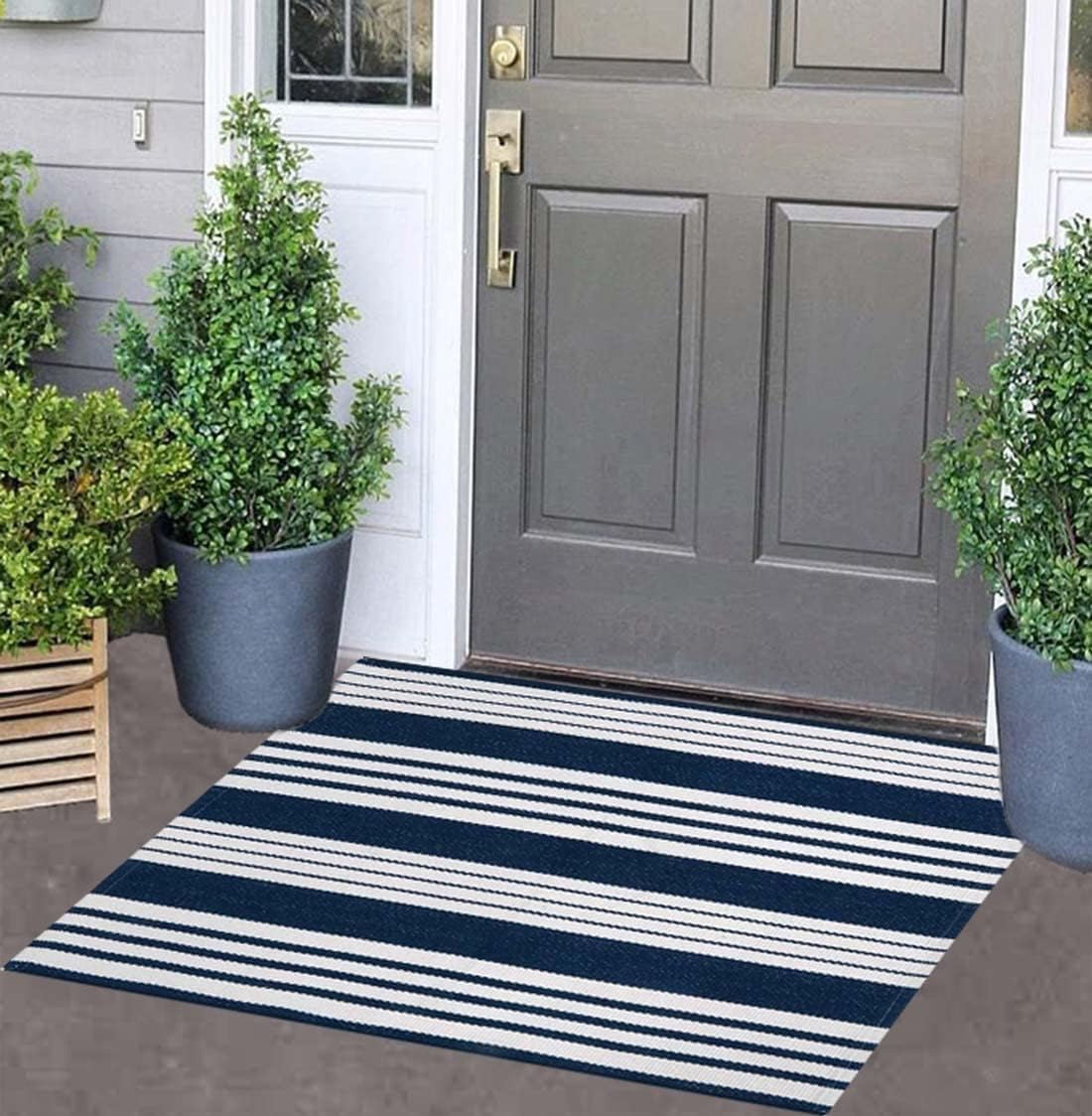 Blue and White Striped Doormat 24 x 35 Front Porch Rug Machine Washable Indoor Outdoor Doormat for Front Porch Hand-Woven En