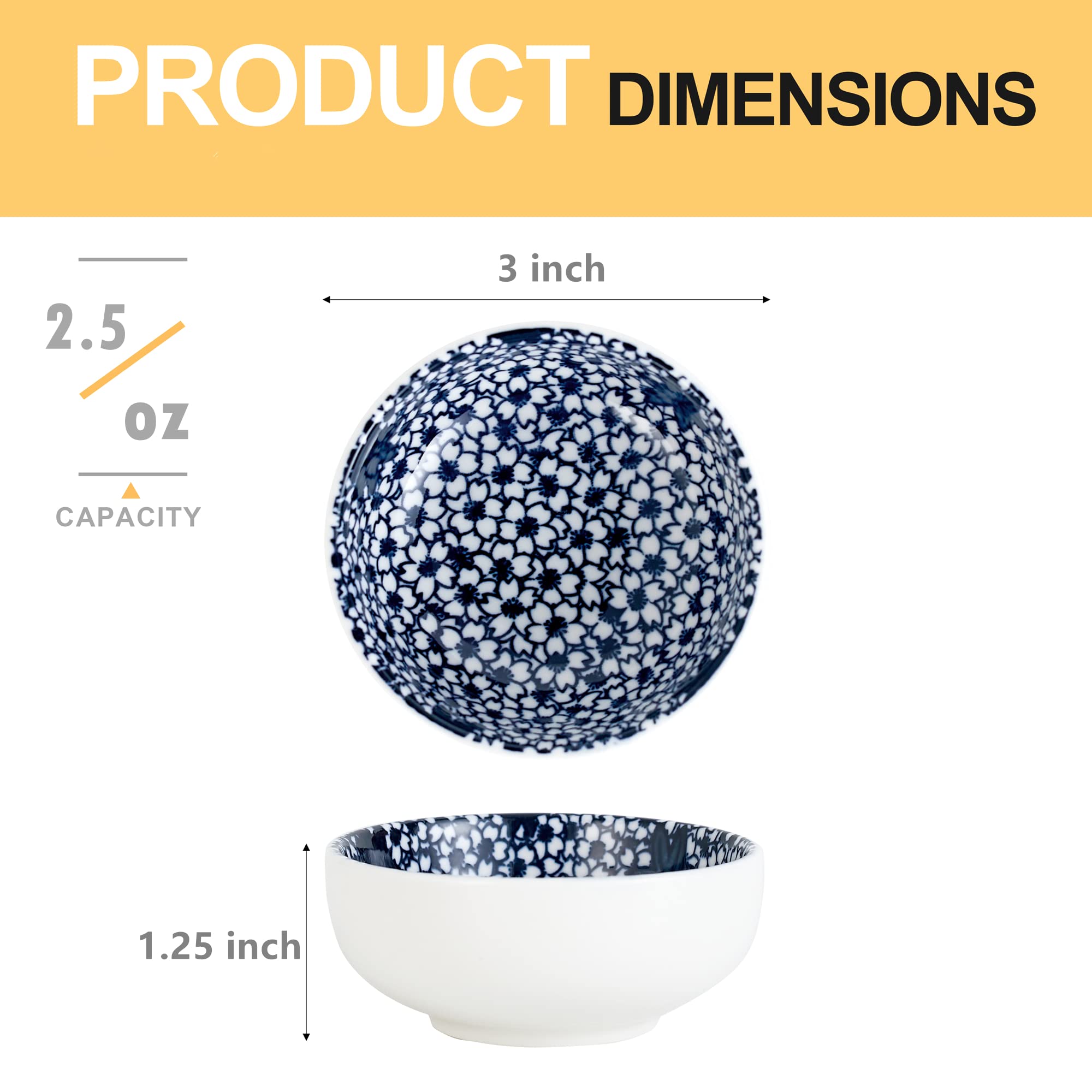Ceramic Dipping Bowls,3 Inch Pinch Bowls Set Side Sauce Cups,Dishes For Sushi,Snack And Soy,Bbq,2.5 Oz Blue And White Mini Bowls