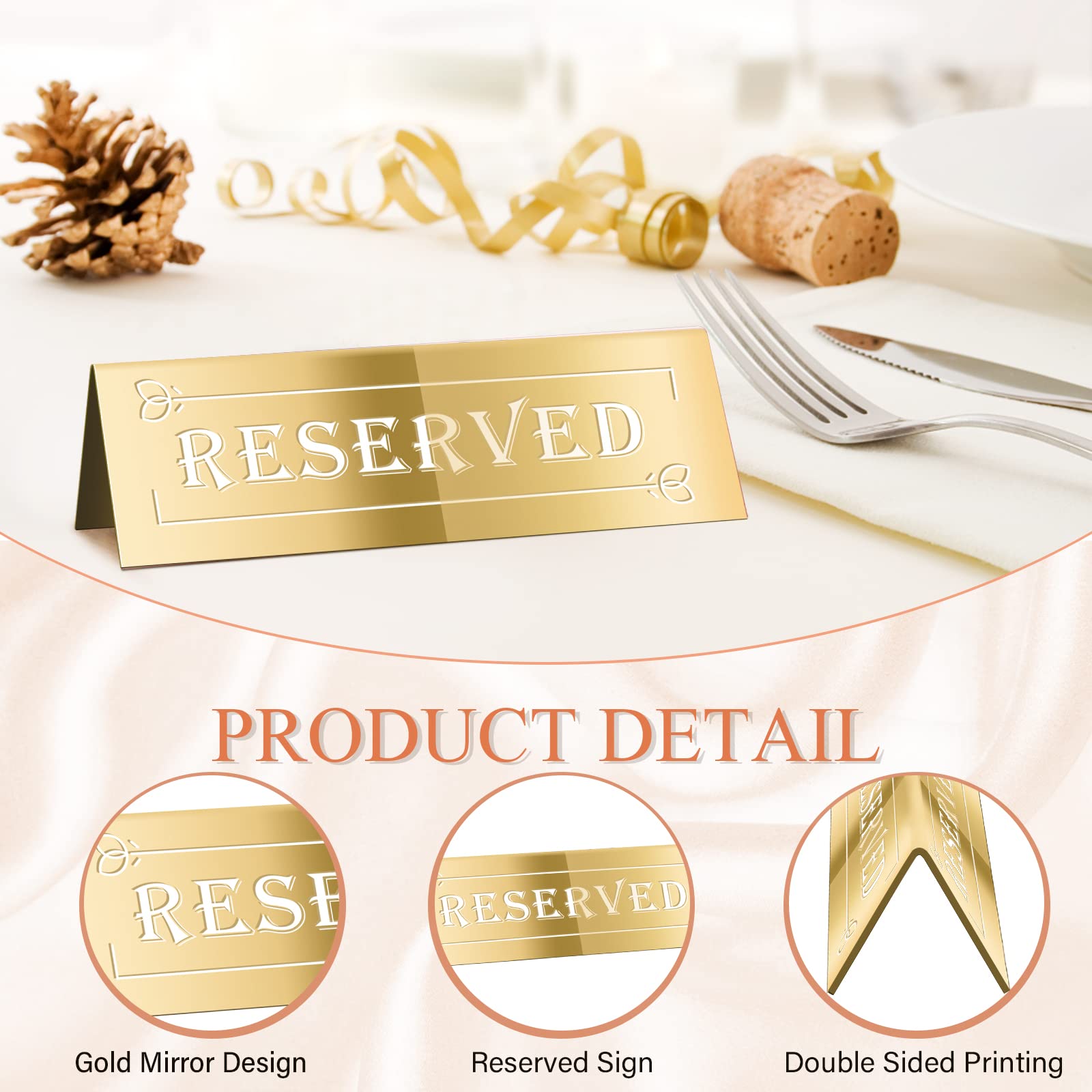 DI QIU REN 10PCS Acrylic Guest Reservation Table Tents, Waterproof Gold Double-Sided Reserved Seat Signs for Wedding, Birthday,