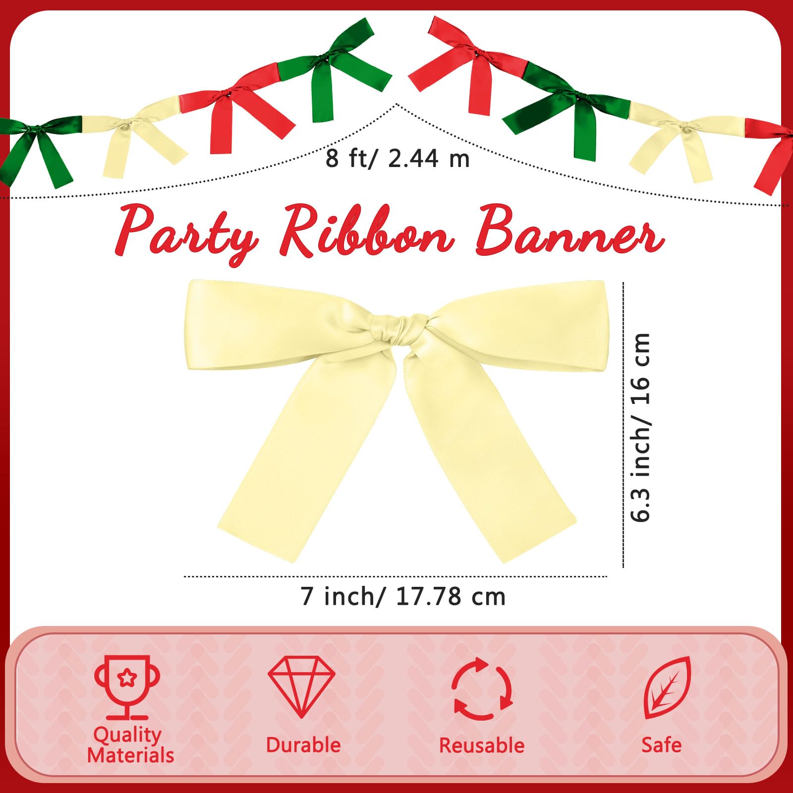 Trandraft 2 Pcs Christmas Bow Garland Banner 16.4 ft Pre-Assembled Red Green Gold Satin Bows Ornaments Xmas Bows Hanging Decors