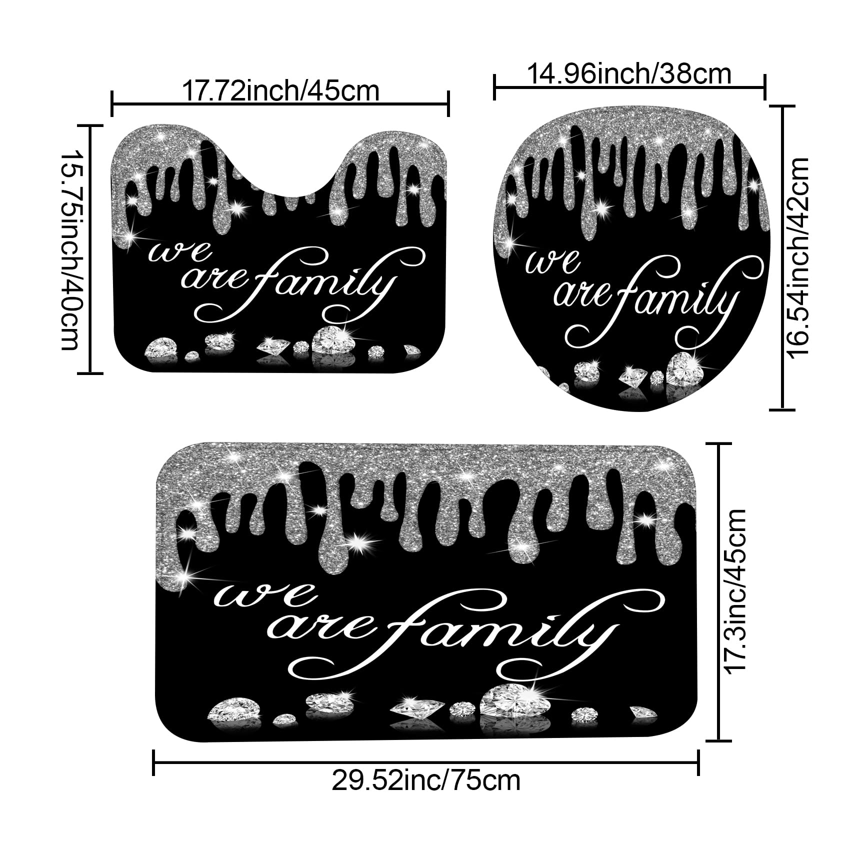 4Pcs Family Glitter Diamond Shower Curtain Sets, Black Famliy Shower Curtain With Toilet Lid Cover And Rugs, Luxury Bling Shiny
