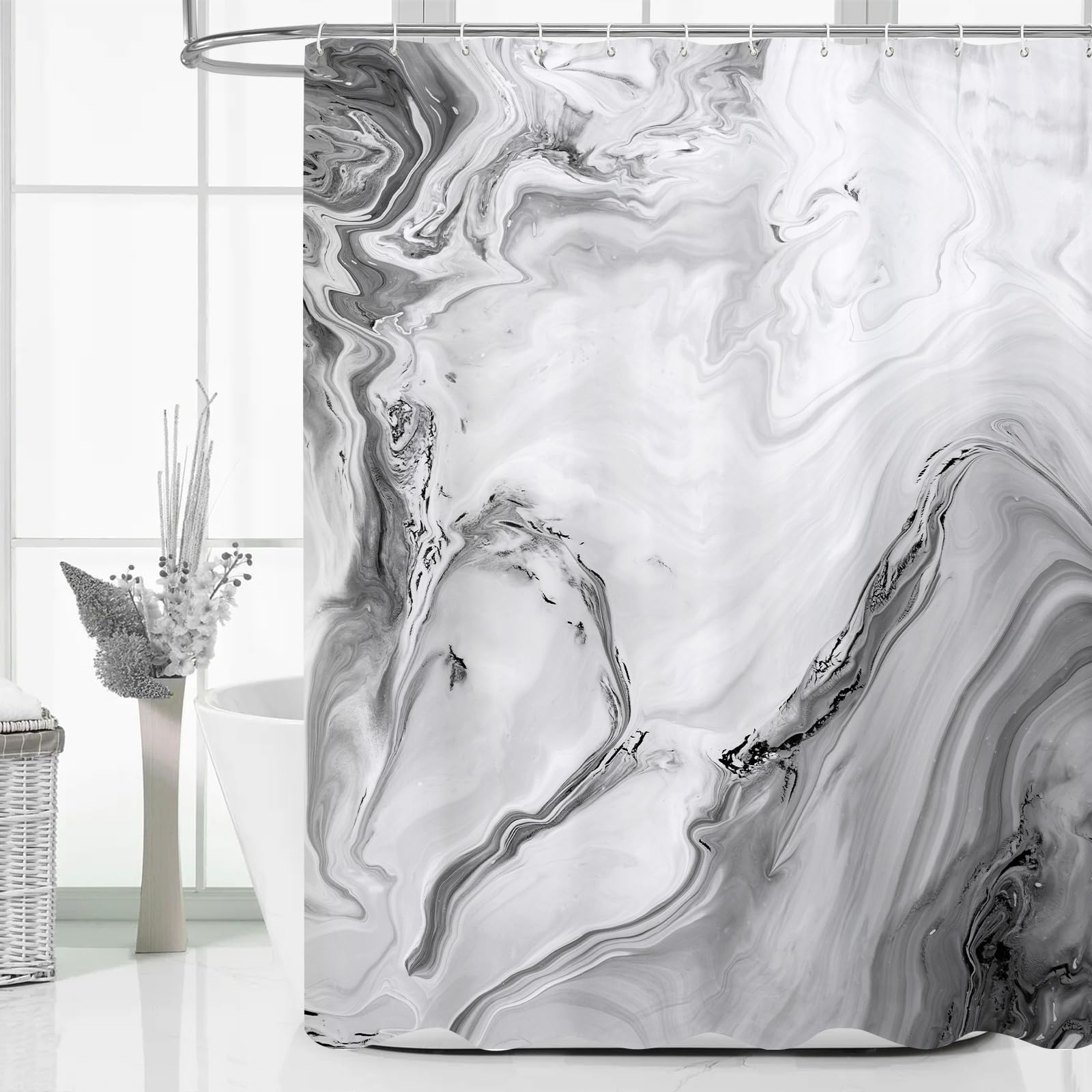 Mitovilla Grey Marble Extra Long Shower Curtain Set 72 X 84, Modern Ombre 84 Inch Xl Shower Curtains For Chic Bathroom Decor, Ab