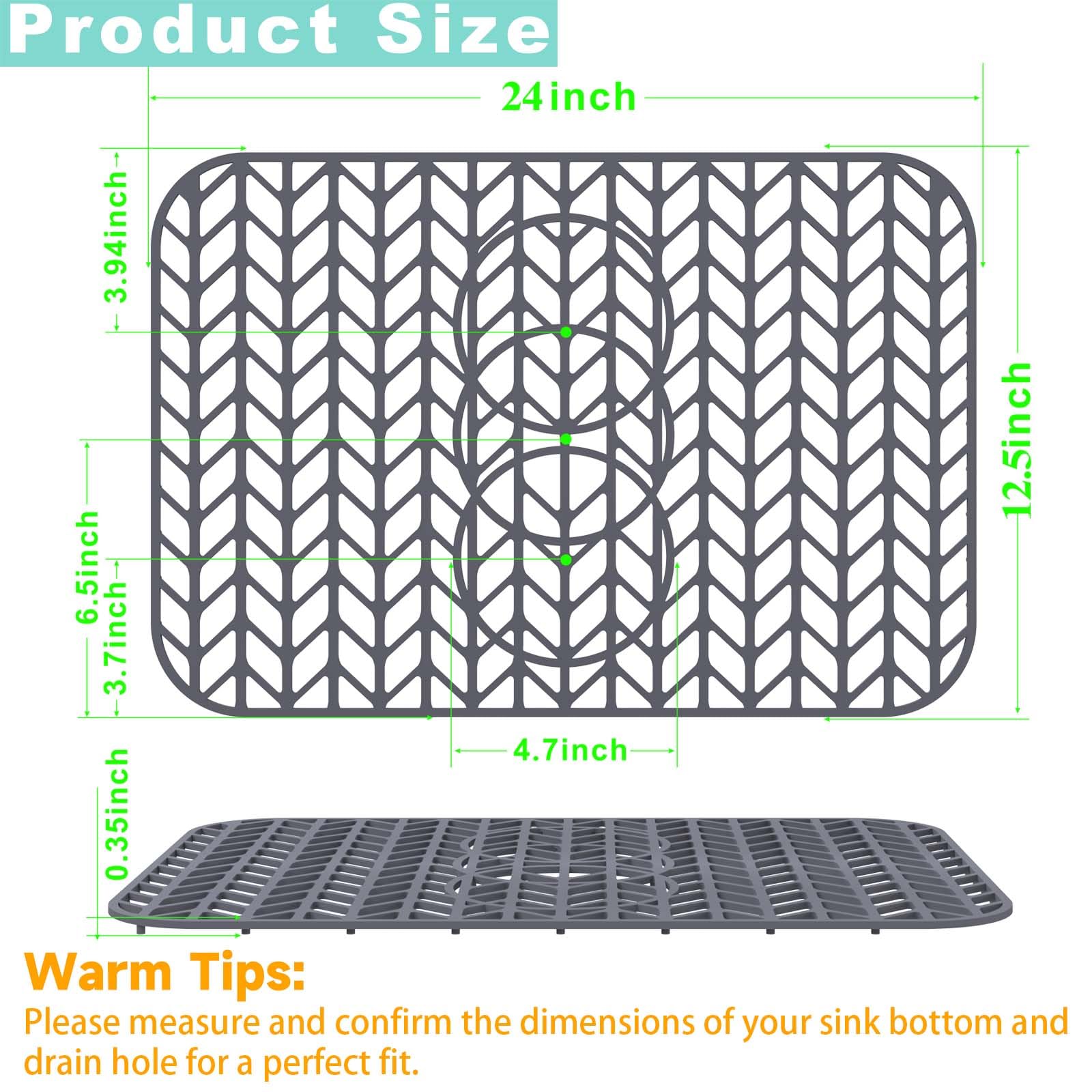 AWOKE Sink Protectors for Kitchen Sink - 24''x 12.5'' Sink Mat - Heat resistant Easy-clean Silicone Sink Mat - for Protection of Stainless Steel Sink - with 3 Reserved Holes (Grey)