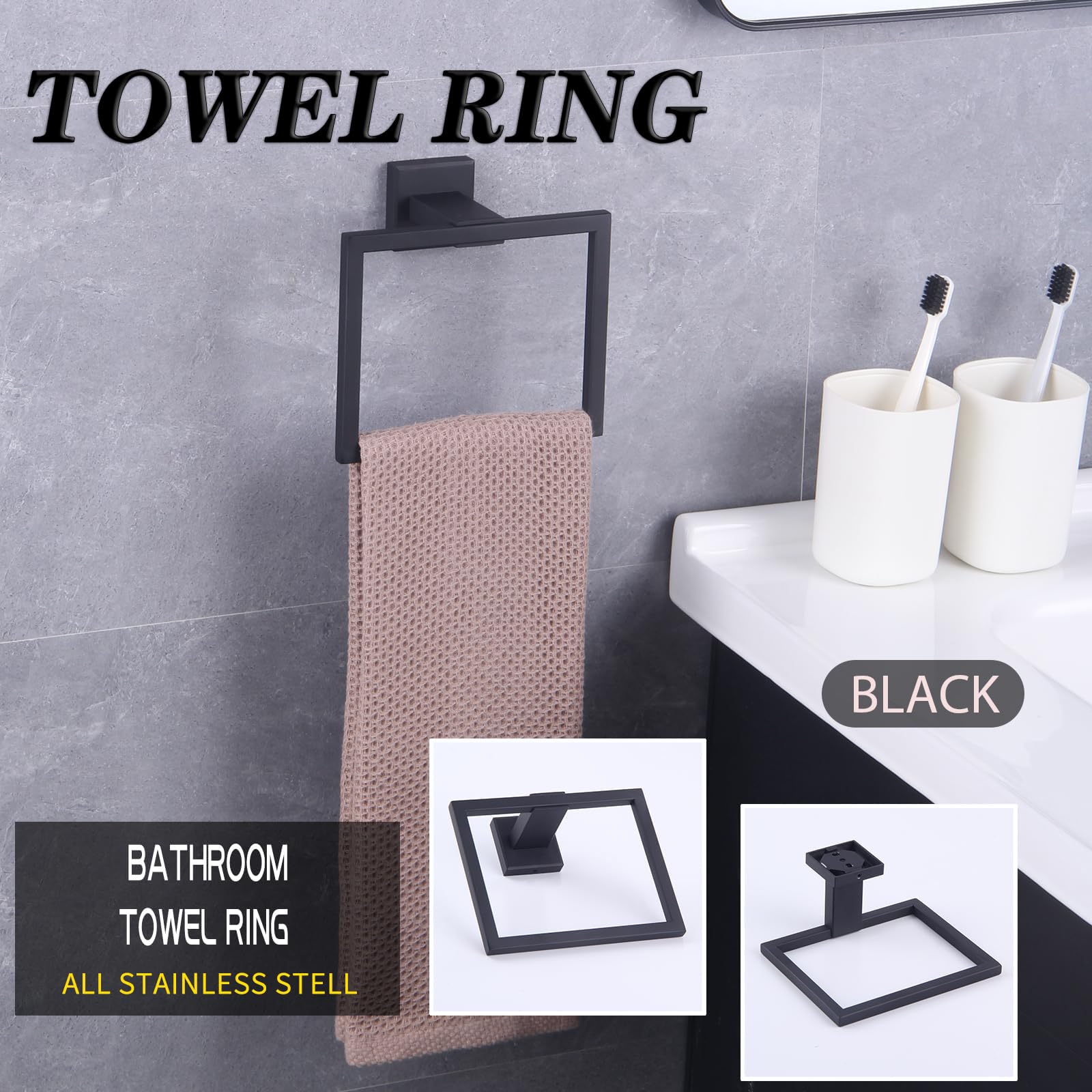 GERZWY Modern Black Towel Holder SUS304 Stainless Steel Towel Hanger Towel Ring for Bathroom Lavatory Wall Mount Contemporary Style JG1906-BK