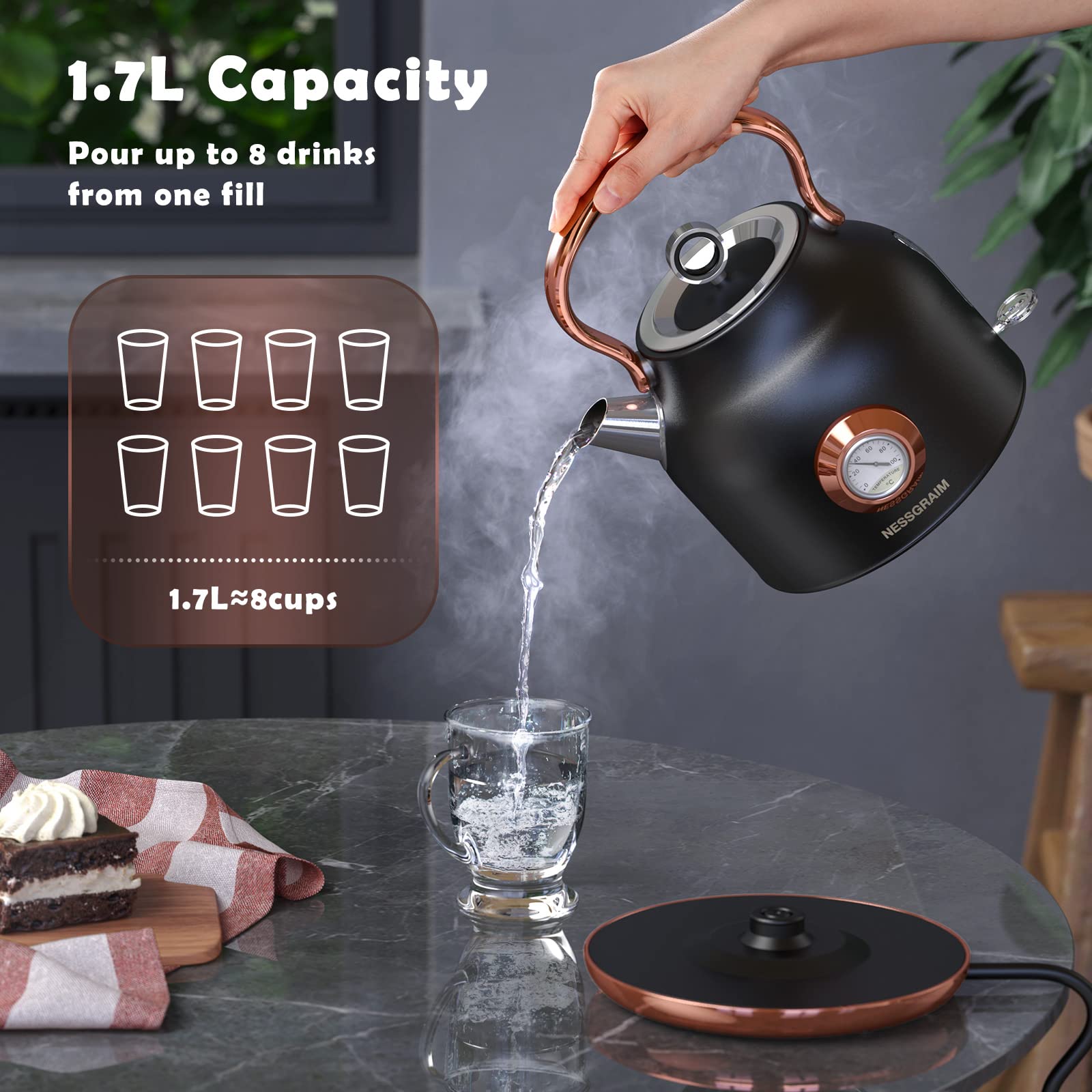 Nessgraim Retro Electric Kettle, 1.7L Stainless Steel Tea Kettle With Large Temperature Gauge, 1500W Fast Heating Hot Water Boil