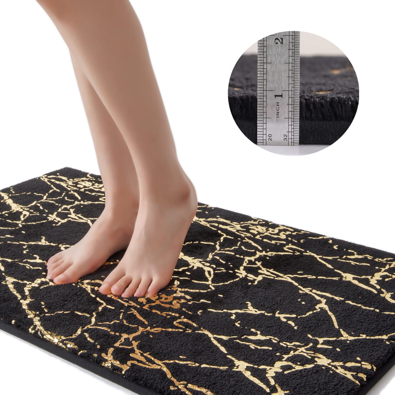 Qjhomo Marble Bathroom Runner Rug Gold Decor Long Bathroom Rugs Black Bath Mat Non Slip Super Absorbent Bathmat Machine Washable