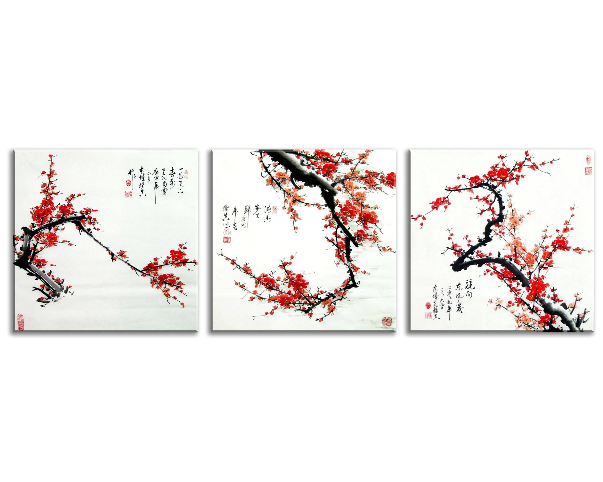 Nan Wind Small Size Traditional Chinese Painting Of Plum Blossom Canvas Prints 3 Panels Wood Framed Red Plum Blossom Wall Art Pl