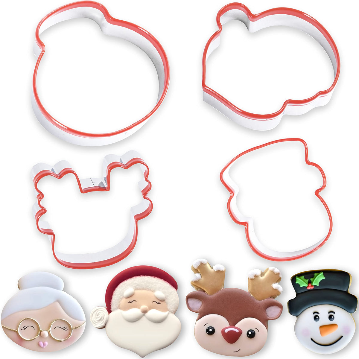 Cookieque 4 Pieces Christmas Cookie Cutters Set With Santa Face, Reindeer Face, Snowman Face, Mrs. Claus Cookie Cutters For Baki