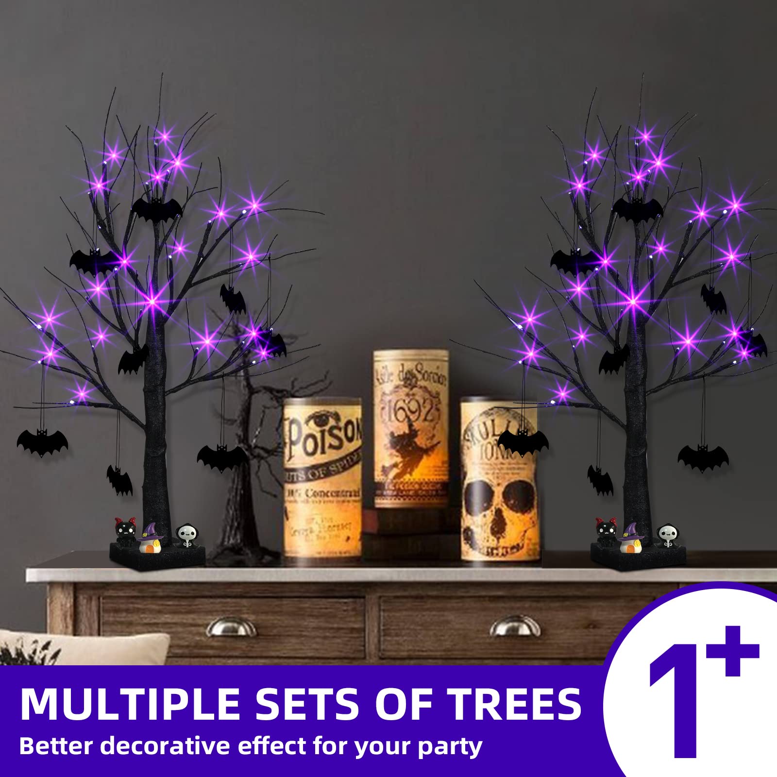 EAMBRITE Halloween Tree, Black Halloween Decorations Indoor, 2FT Spooky Tabletop Trees Battery Operated with 24LED Purple Lights