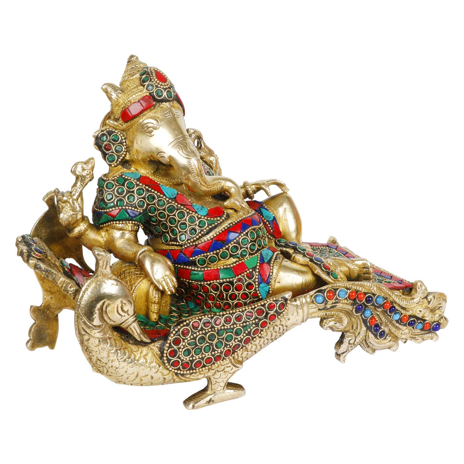 Kartique Brass Ganesh Bhagwan Resting On Peacock Singhasan For Home Decoration With Multicolor Stone Work