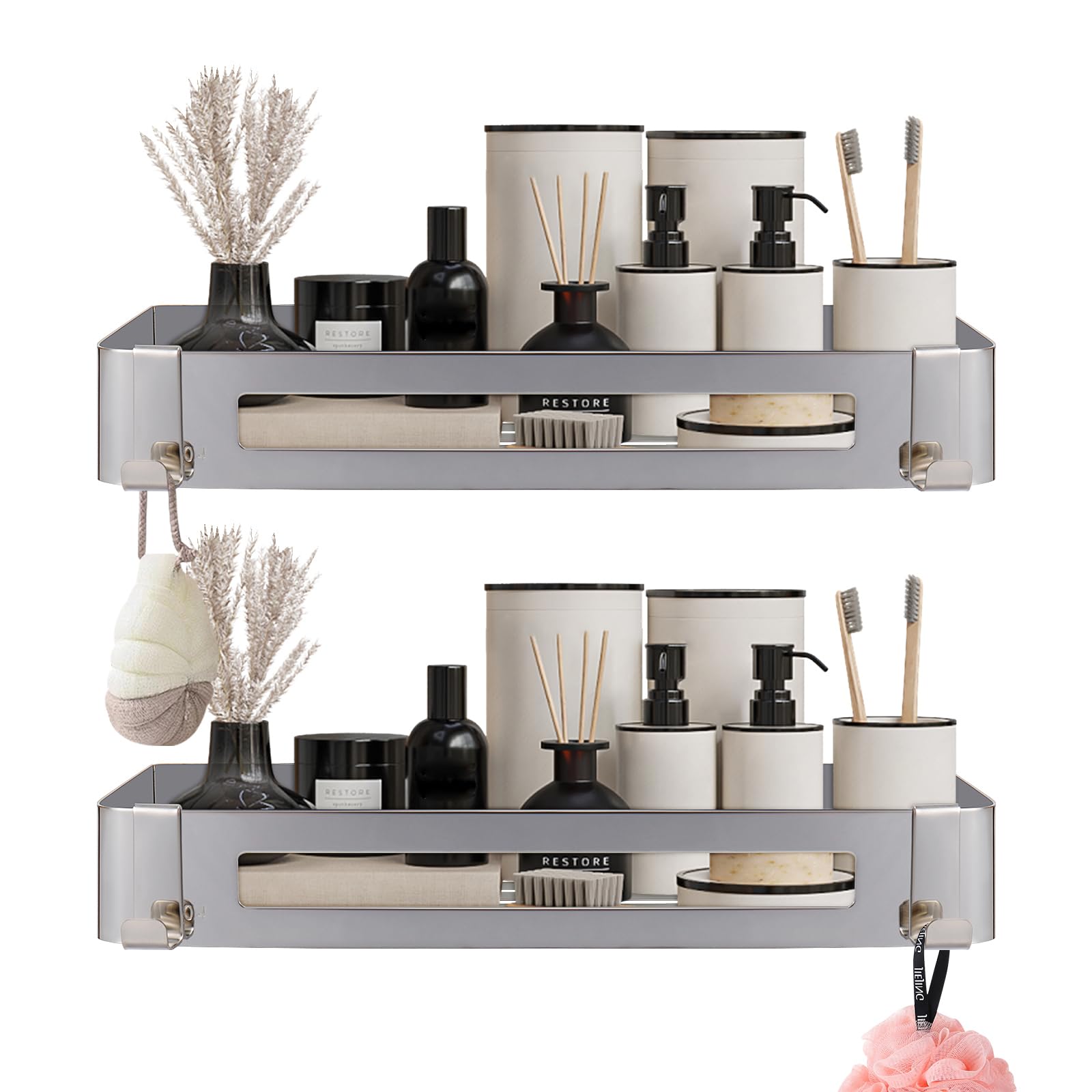 Nearmoon Bathroom Shower Caddy 2 Pack, No Drill 304 Stainless Steel Shower Organizer With 2 Hooks (Shower Shelf, Chrome)