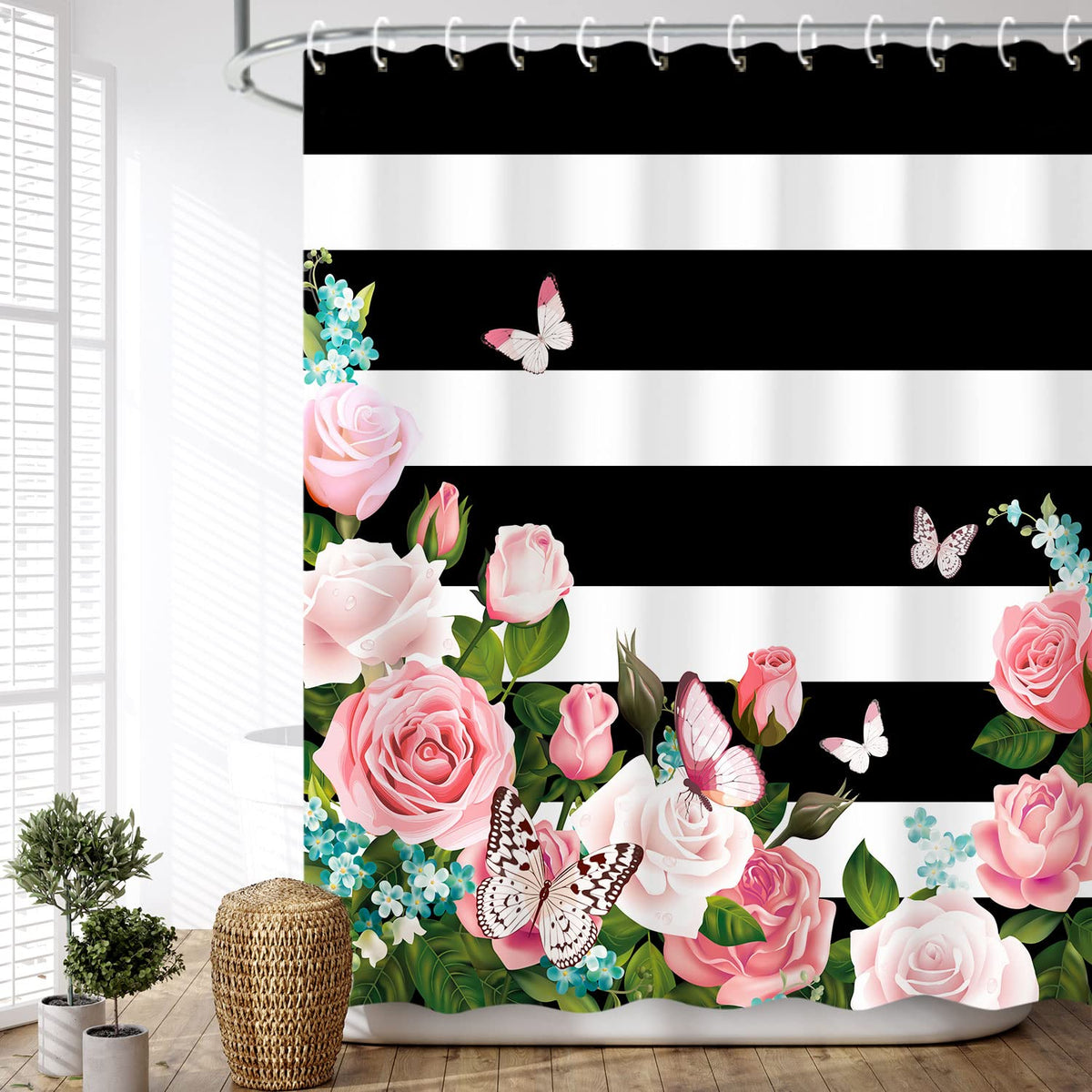 Livilan Striped Shower Curtain With Pink Roses, Pink Shower Curtain,Butterfly Shower Curtains Set With Hooks, Girly Shower Curta