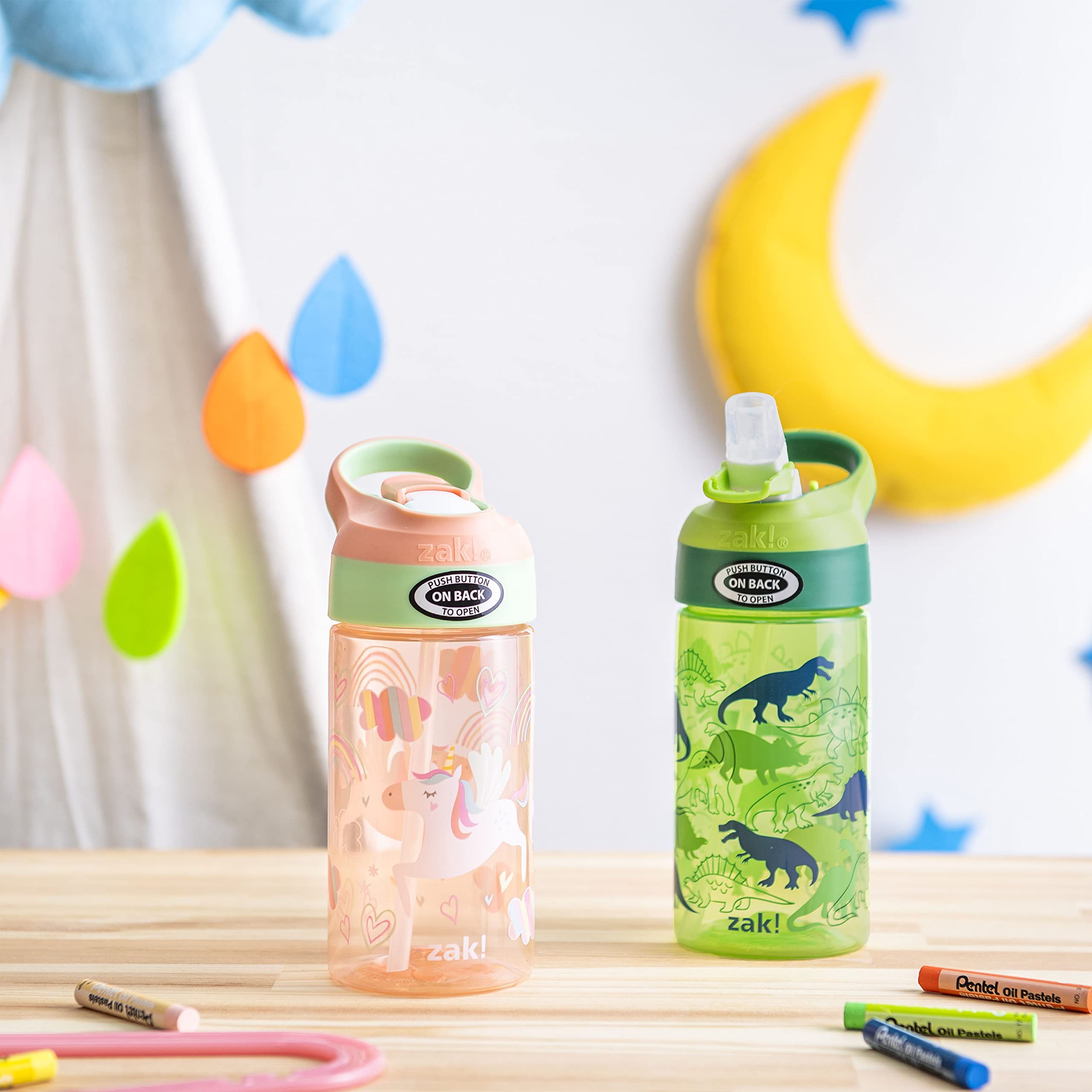 Zak Designs 16oz Riverside Kids Water Bottle with Spout Cover and Built-in Carrying Loop  Made of Durable Plastic  Leak-Proof Water Bottle Design for Travel (Unicorn & Dino Camo  Pack of 2)