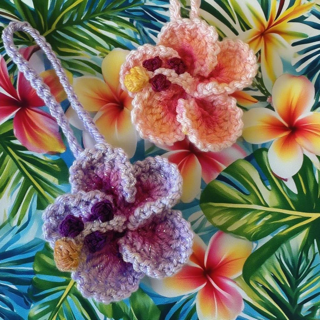 Hibiscus Flower Car Hanging Ornament,Crochet Hawaiian Tropical Flowers Bag Charms Decor Car Rear View Mirror Beach Accessories (