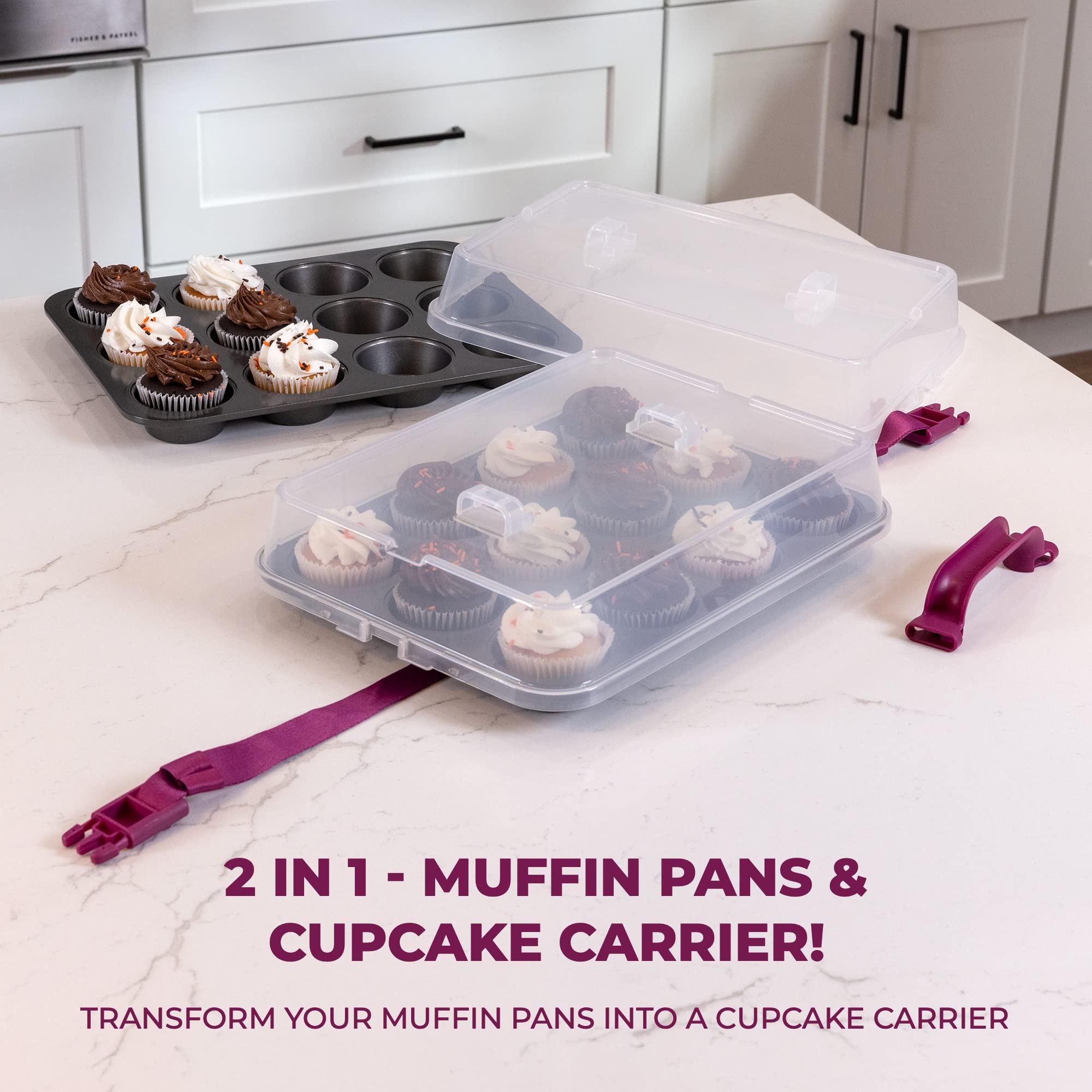Kpkitchen Cupcake Carrier For 24 Cupcakes - Innovative Cupcake Holder Includes 2 Cupcake Pans With Lid And Handle - Cupcake Trav