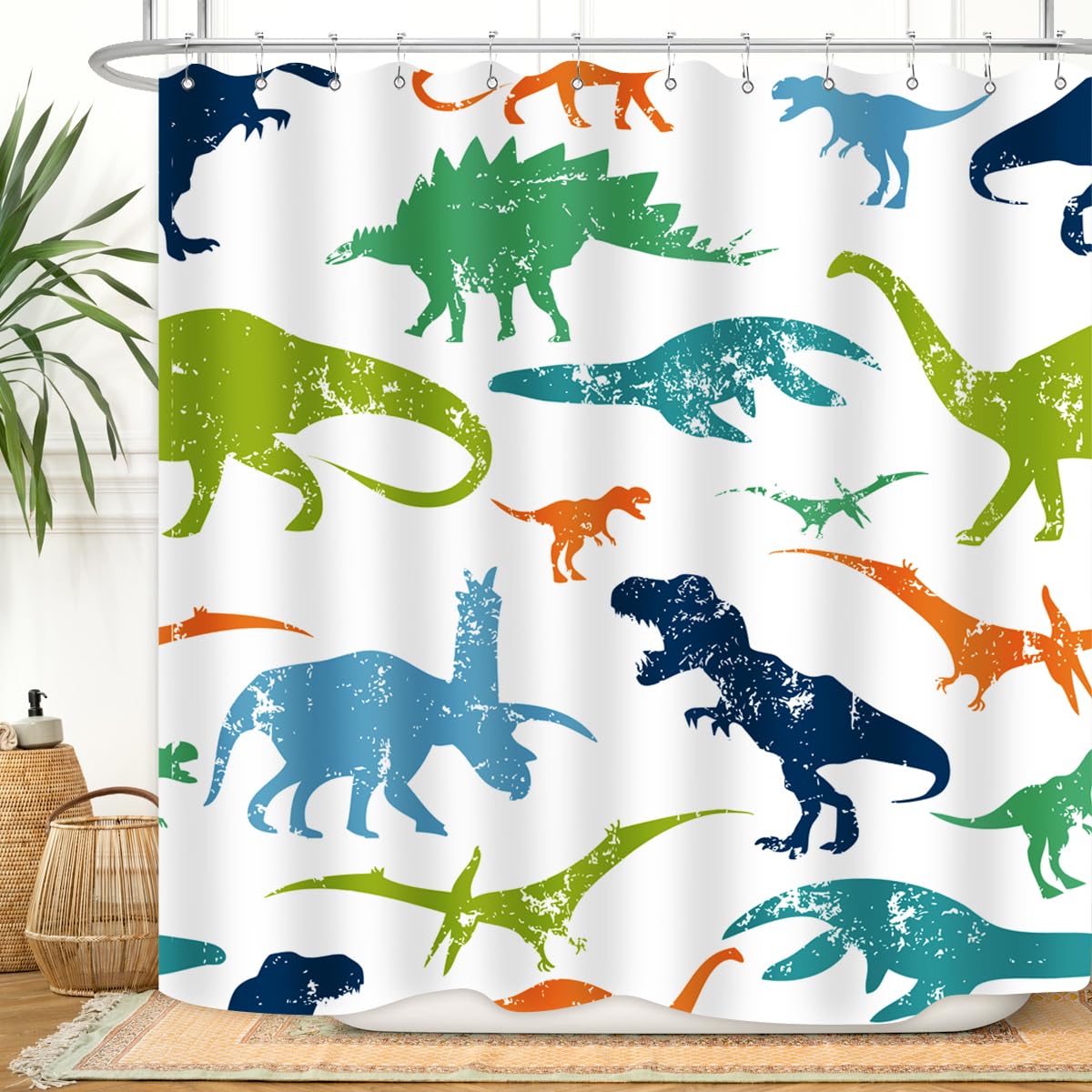 Zxmbf Dinosaur Shower Curtain Colorful Kid Cartoon Jurassic Children Dino Elasmosaurs Themed Bath Curtain Waterproof Fabric Bath