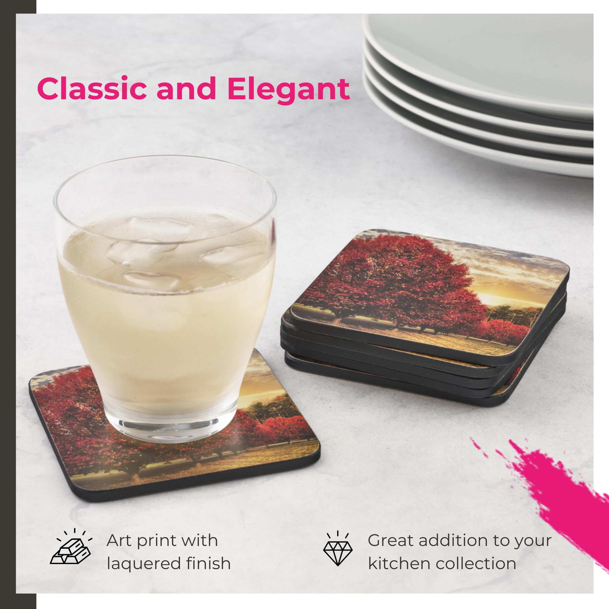 Pimpernel Crimson Trees Collection Coasters  Set of 6  Cork Backed Board  Heat and Stain Resistant  Drinks Coaster for Tabletop Protection  Measures 4 x 4