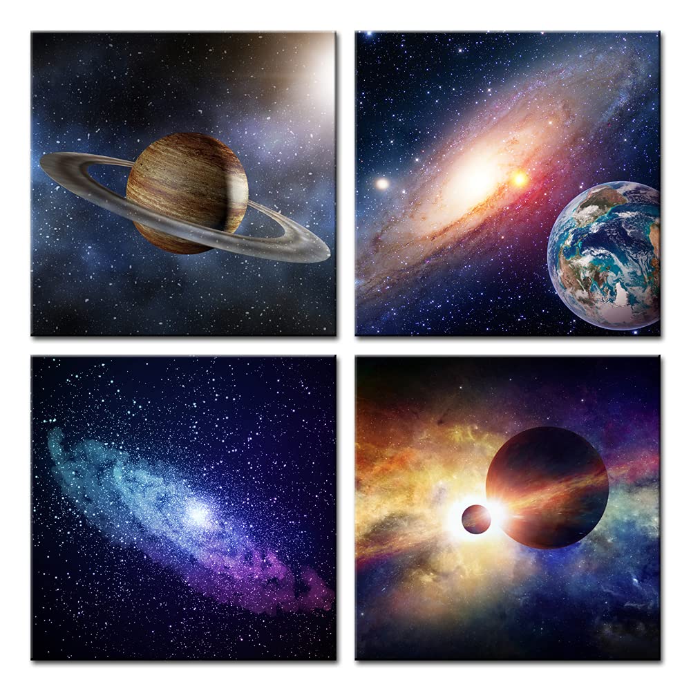 Wieco Art Star Sky Space Canvas Paintings Wall Art Large Modern 4 Piece Universal Magic Power Astronomy Pictures Artwork Stretch
