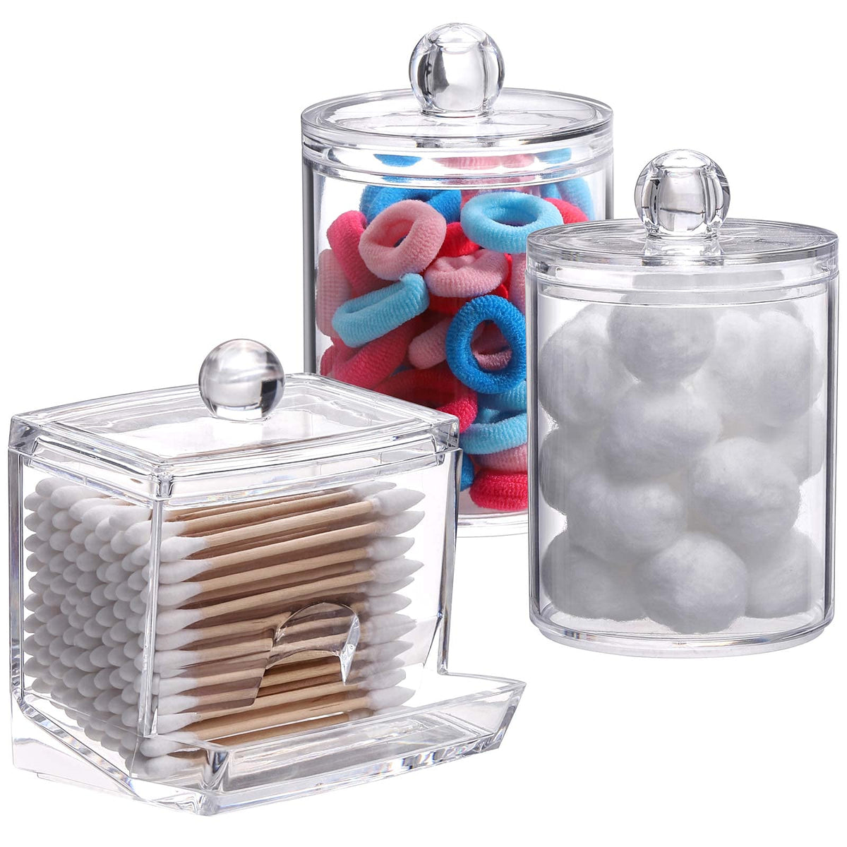 Tbestmax Plastic Qtips Holder Bathroom Container, 10/7 Oz Cotton Ball/Swabs Dispenser, Apothecary Jar Organizer For Storage 3 Pc
