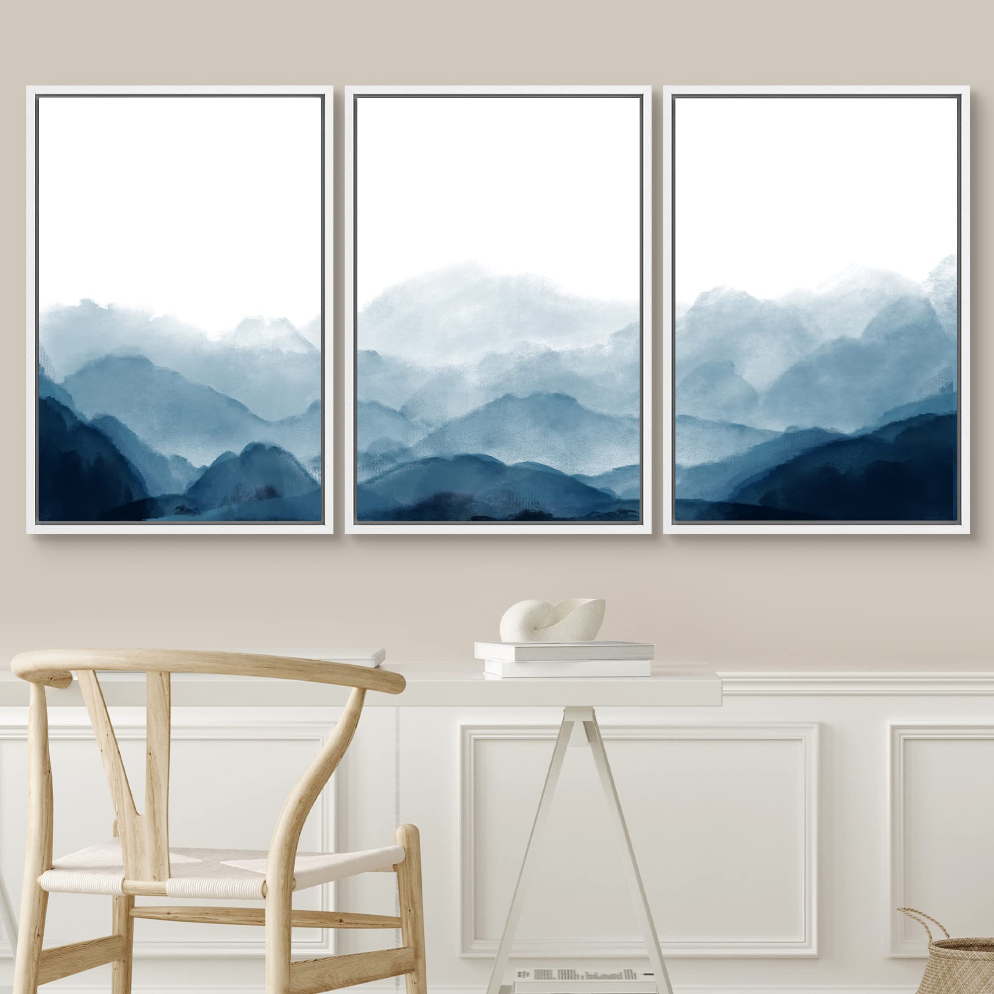 Signwin Framed Canvas Print Wall Art Blue Watercolor Mountains In Fog Nature Wilderness Modern Art Rustic Cool For Living Room,