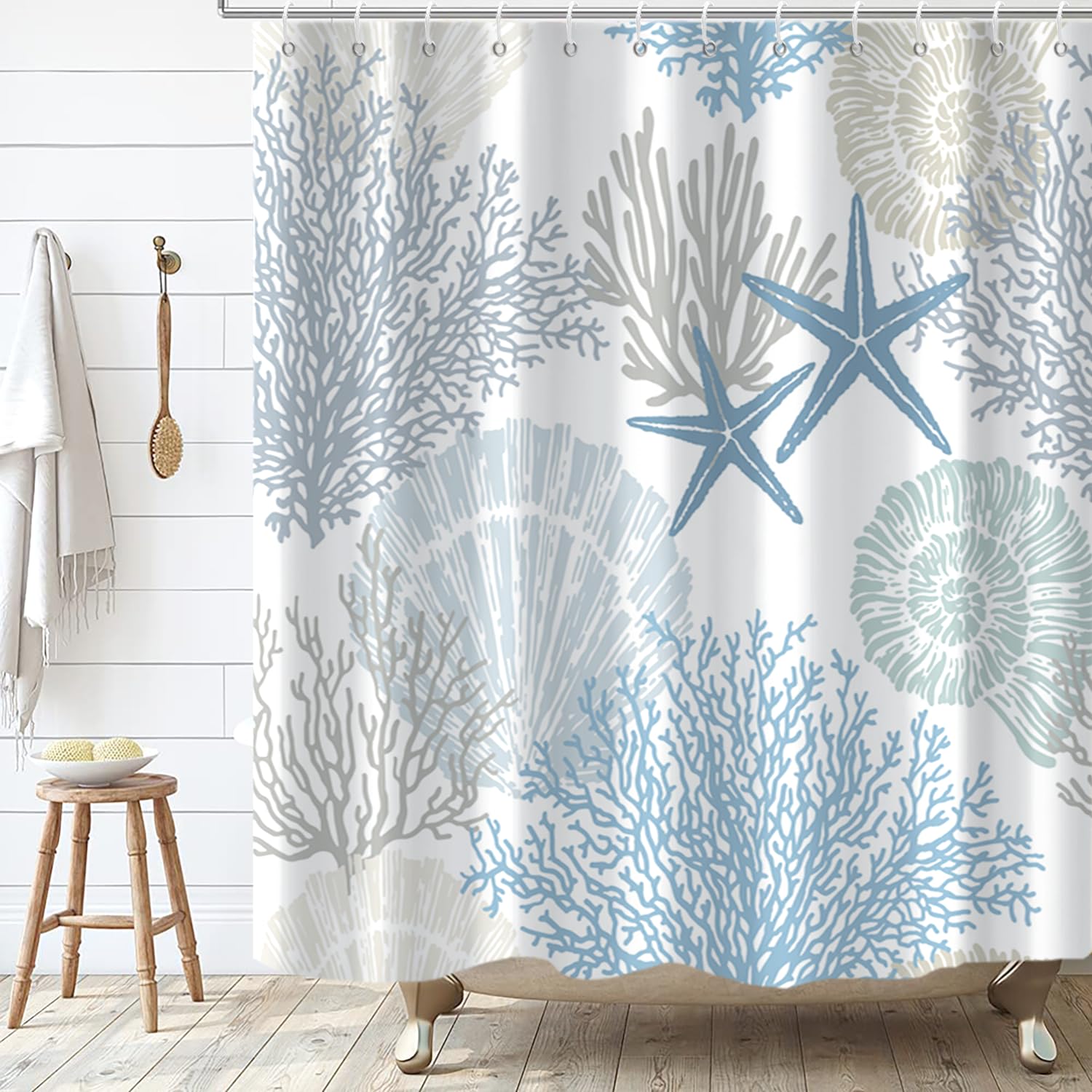 Gkleasg Nautical Beach Shower Curtain, Blue Tropical Coral Ocean Seashell Starfish Machine Washable Waterproof Fabric For Bathro