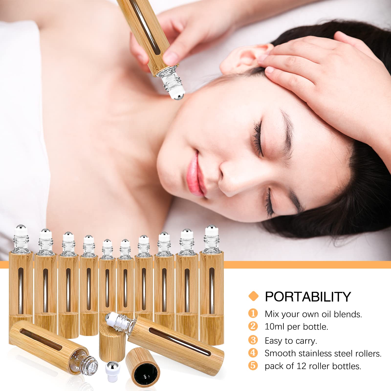 Kalyloc 12Pcs 10Ml Bamboo Roll On Bottles For Essential Oils, Refillable Perfume Sample Bottles With Stainless Steel Roller, Ess