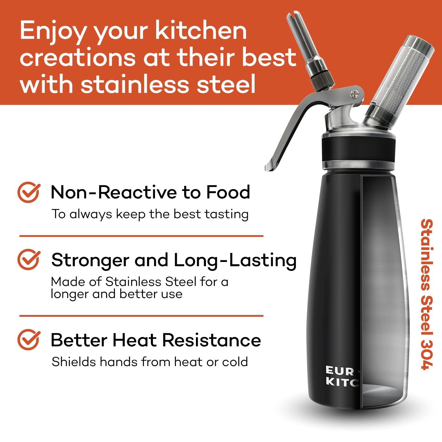 EurKitchen Stainless Steel Whipped Cream Dispenser - 3 Nozzles & Brush, 1 Pint, Leak-Free, Model EK-SSWHIP-19, Black - Stainless Steel