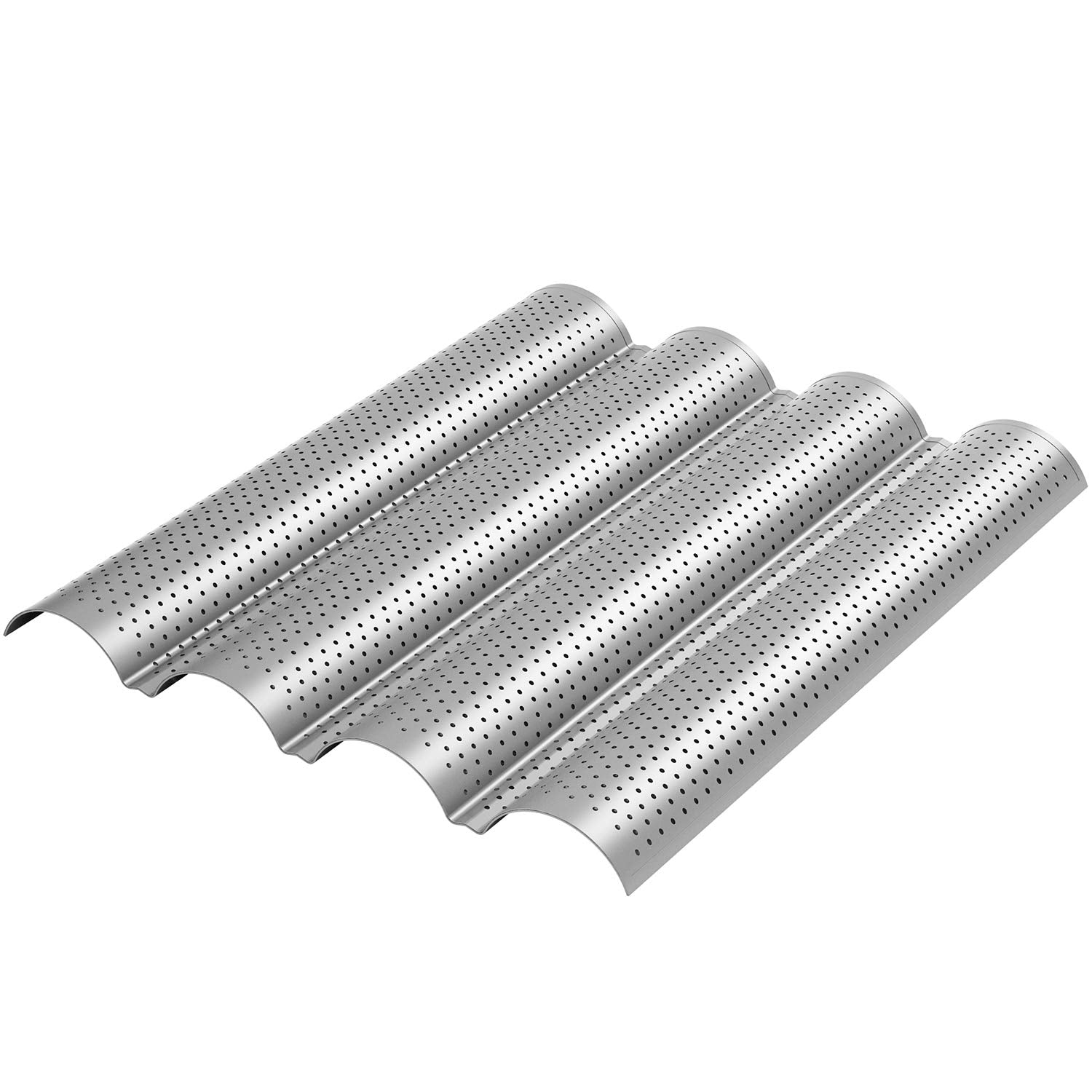 2 Pack Nonstick Perforated Baguette Pan 15'' X 13'' For French Bread Baking 4 Wave Loaves Loaf Bake Mold Oven Toaster Pan (Silve
