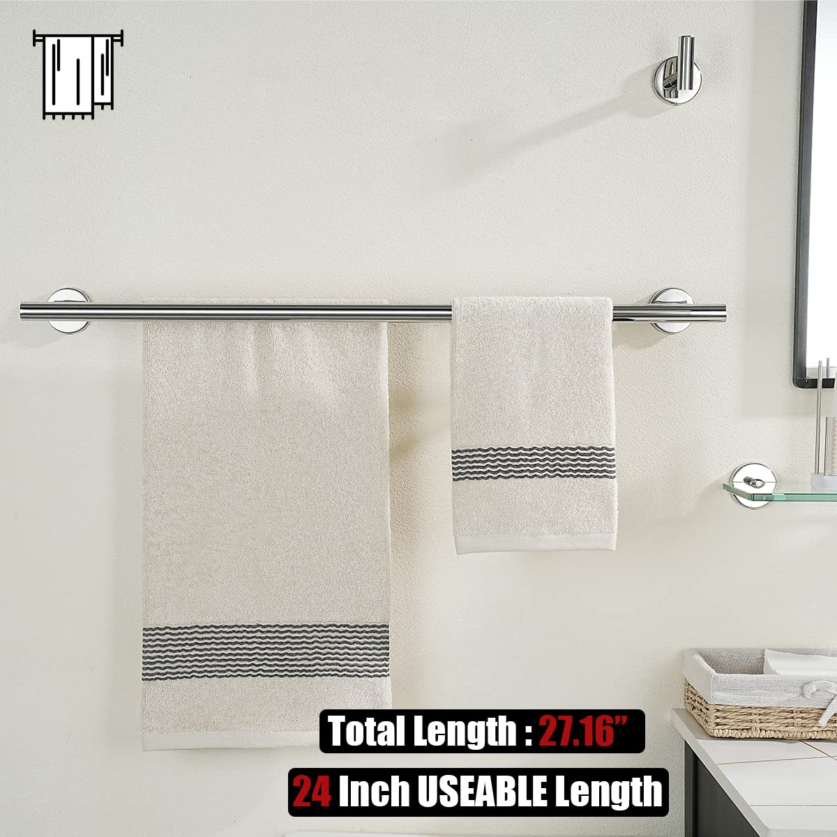 JQK Chrome Towel Bar  24 Inch 304 Stainless Steel Thicken 0.8mm Double Bath Towel Rack for Bathroom  Towel Holder Polished Chrome Wall Mount  Total Length 27.16 Inch  TB100L24-CH