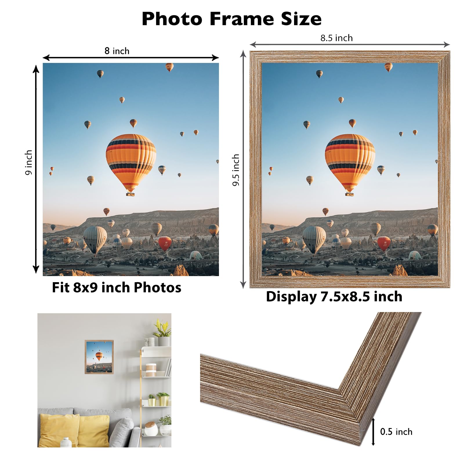 8x9 Picture Frame Rustic Brown for Wall Hanging or Tabletop, Wall Mounting Horizontally or Vertically, 8 x 9 Wall Gallery Poster