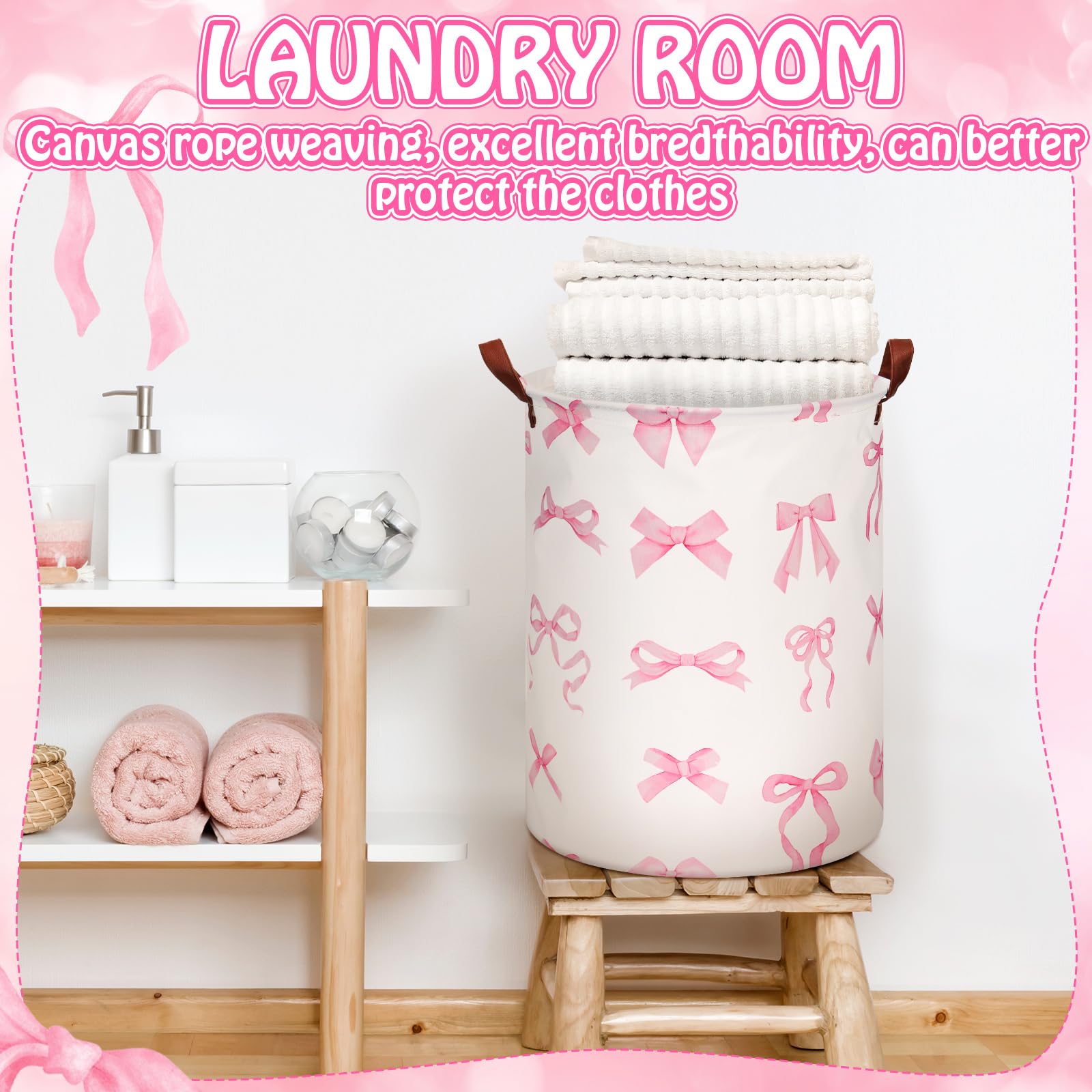 Croblissful 2 Pcs Coquette Pink Bow Laundry Basket Coquette Storage Basket For Girls Nursery Hamper With Handles Foldable Waterp
