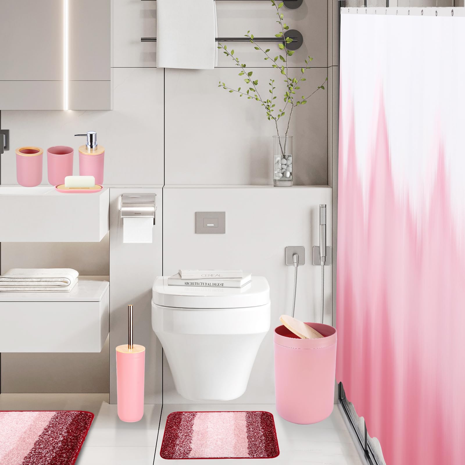 Imucci Bathroom Accessories Pink Bathroom Sets With Shower Curtain And Rug, Pink Ombre Waterproof Shower Curtain With Ultra Abso