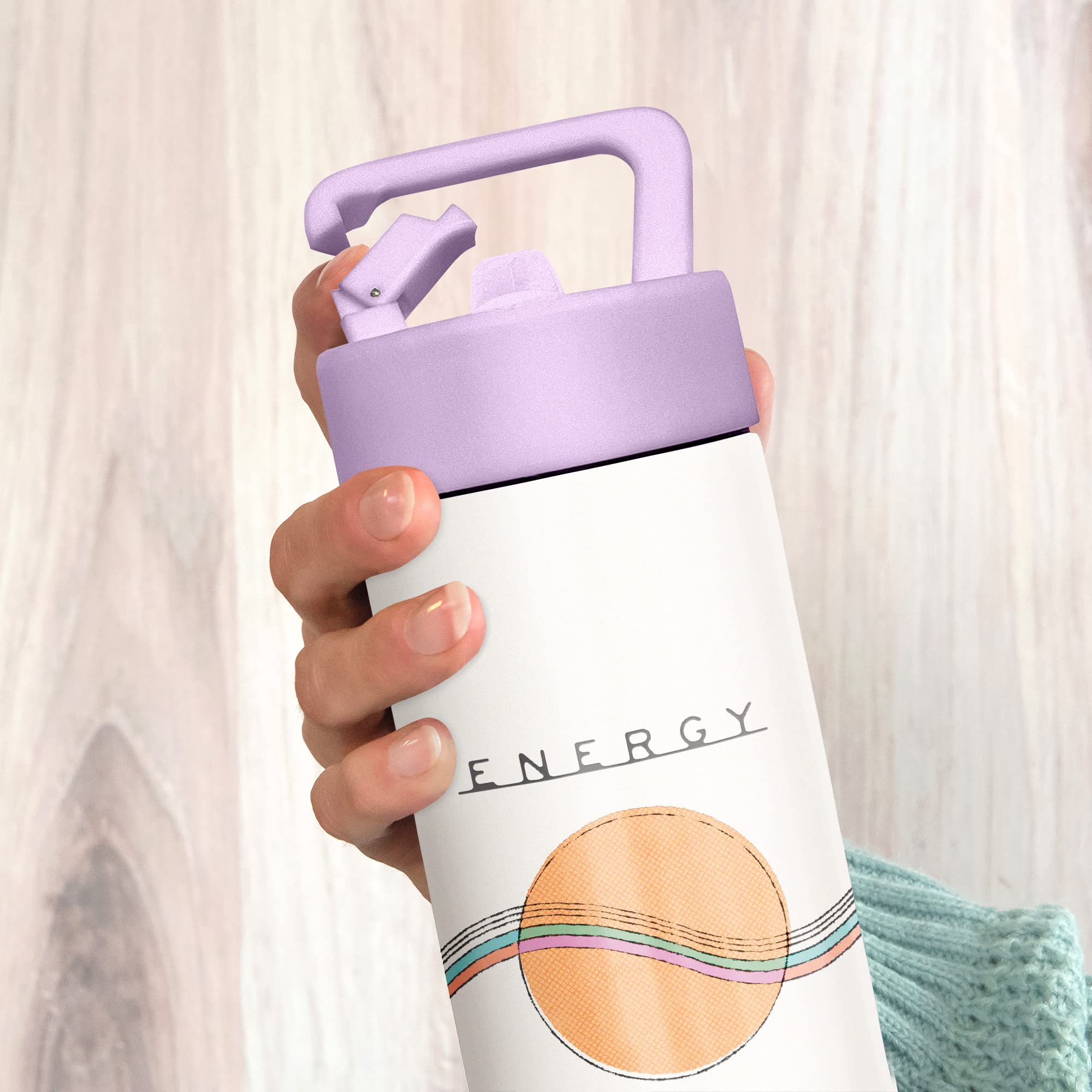 Studio Oh! Energy Flows By Bronwyn Kelly Snap-Hook Insulated Water Bottle With Straw, Double-Wall Stainless Steel Water Bottle,