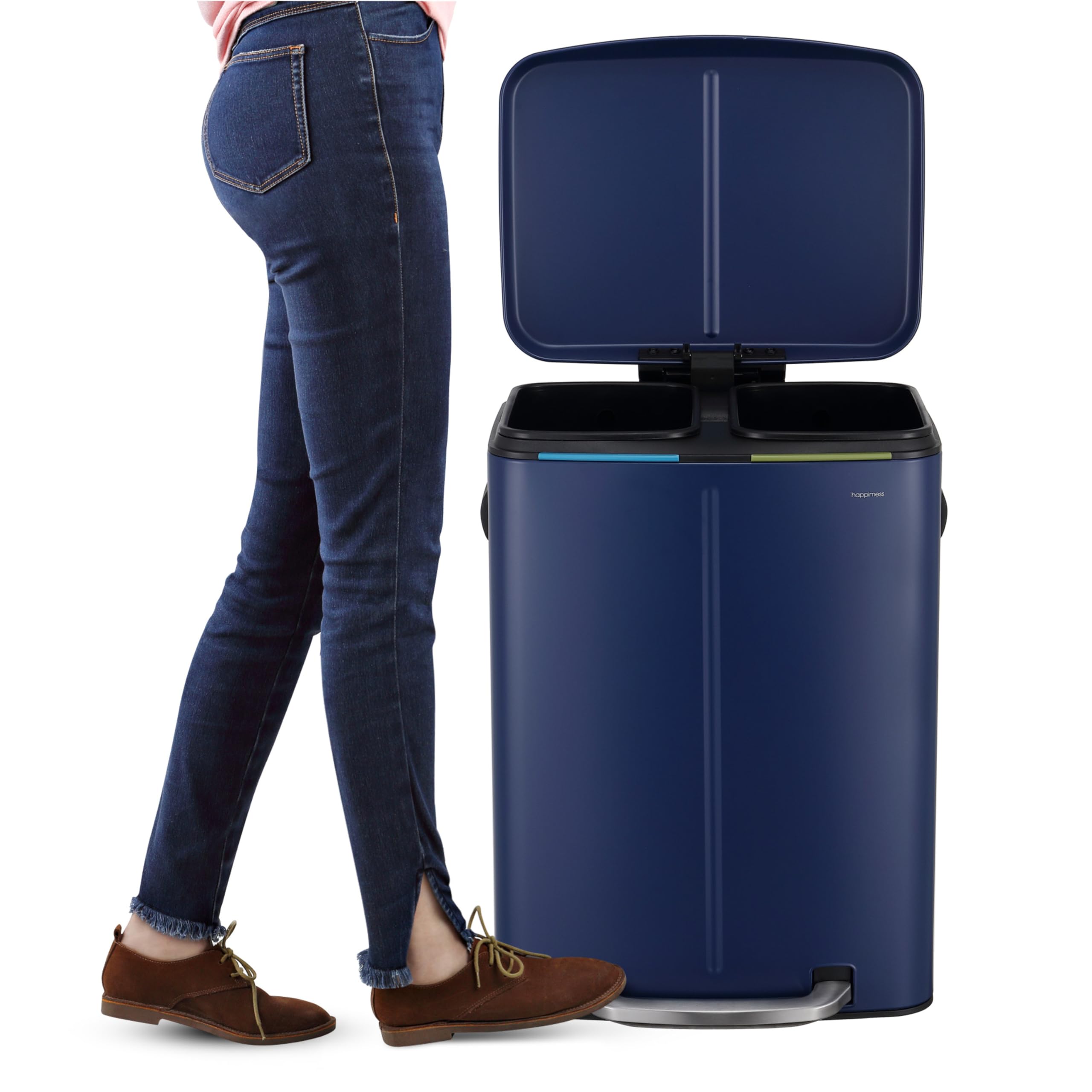 Happimess Hpm1005J Marco Rectangular 10.6-Gallon Double Bucket Trash Can With Soft-Close Lid, Denim Blue,With Soft-Close Lid, Mo