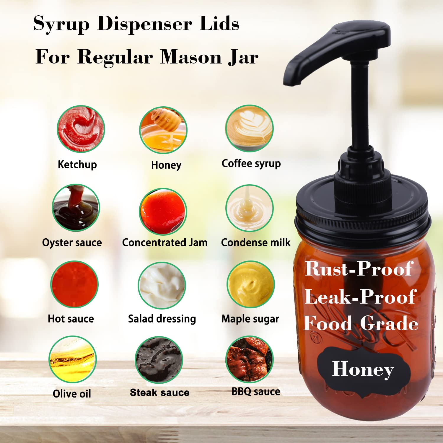 Glukiewt Mason Jar Syrup Dispenser Pump Lids For Regular Mouth Jar (2 Pack) Coffee Syrup Dispenser Food Grade,Airtight & Leak &