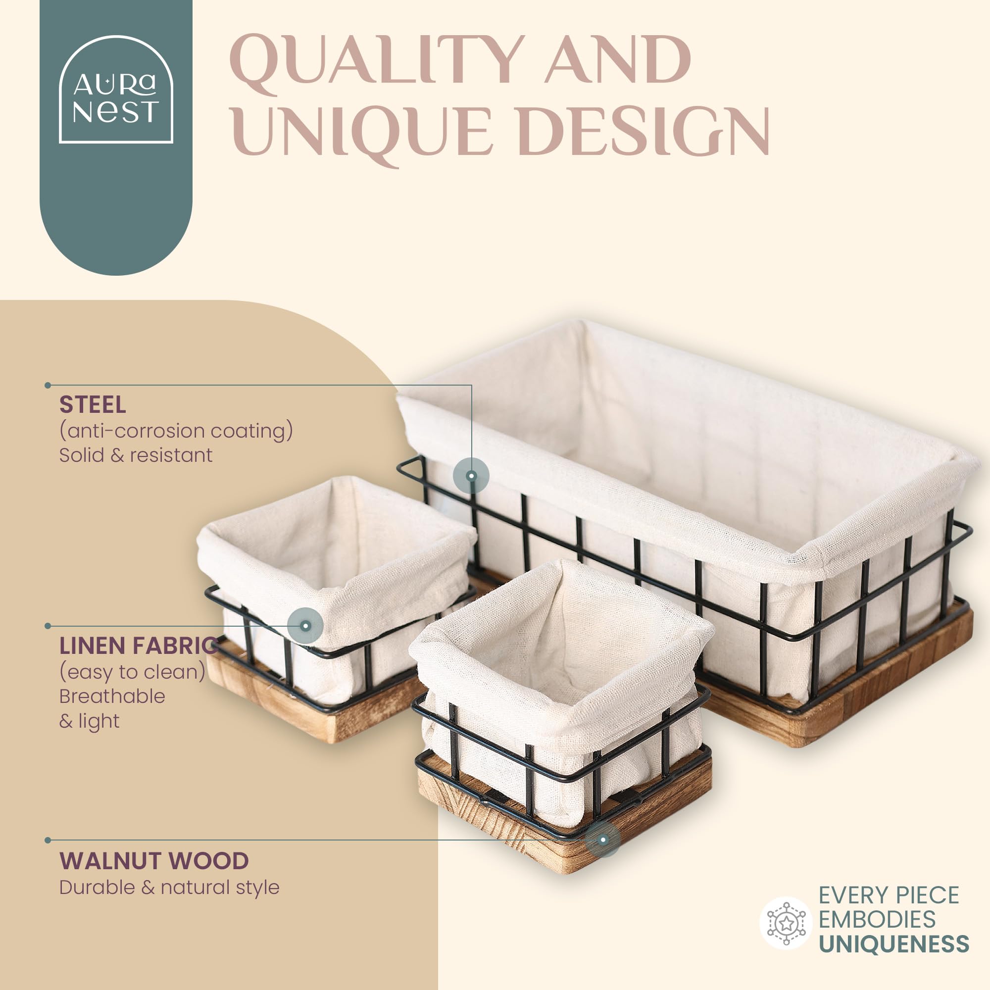 Aura Nest - Set Of 3 Decorative Basket Organizers Sturdy Rustic & Farmhouse Decor Metal Wooden Baskets For Organizing, Home And