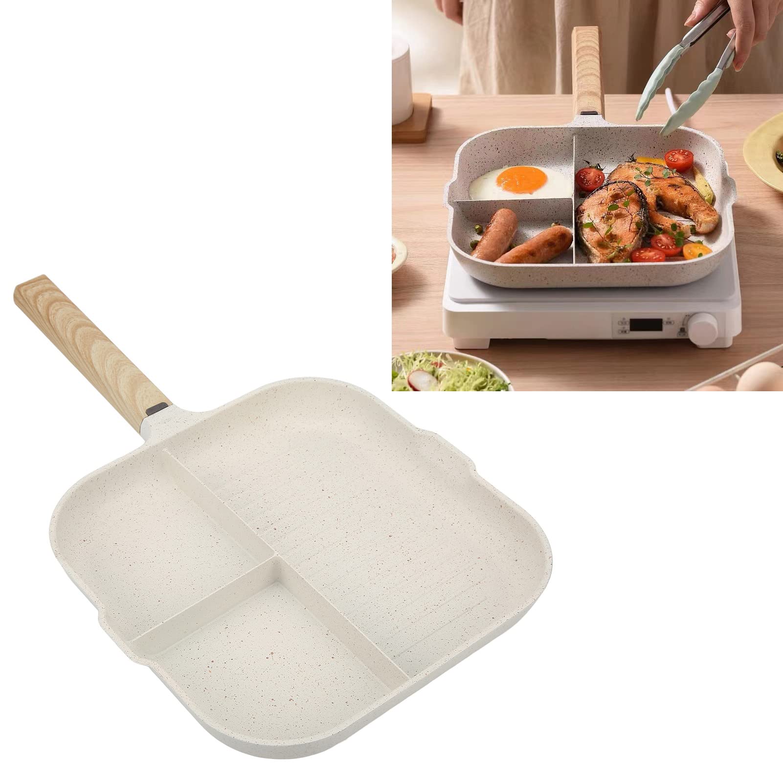 Zerodis 3 In 1 Frying Pan, Aluminum Alloy Partitioned Non Stick 3 Section Divided Breakfast Pan Grill Pan Partitioned Multifunct