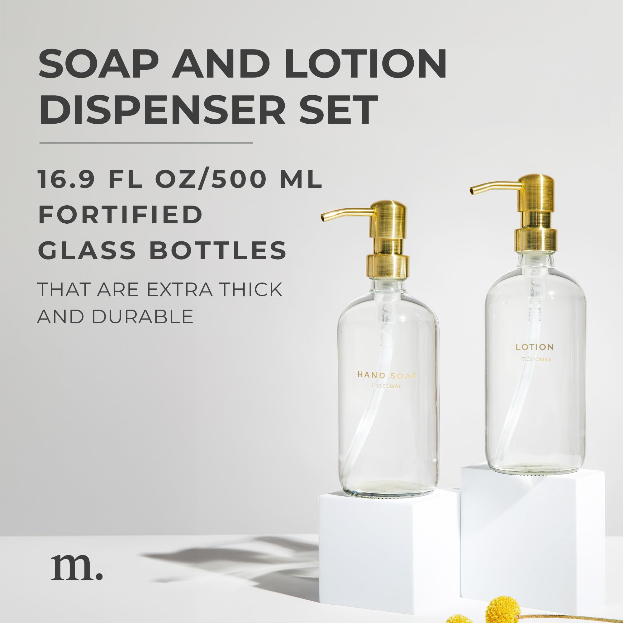 Maisonovo Bathroom Soap And Lotion Dispenser Set | 16.9 Fl Oz Clear Glass Gold Pumps X 2