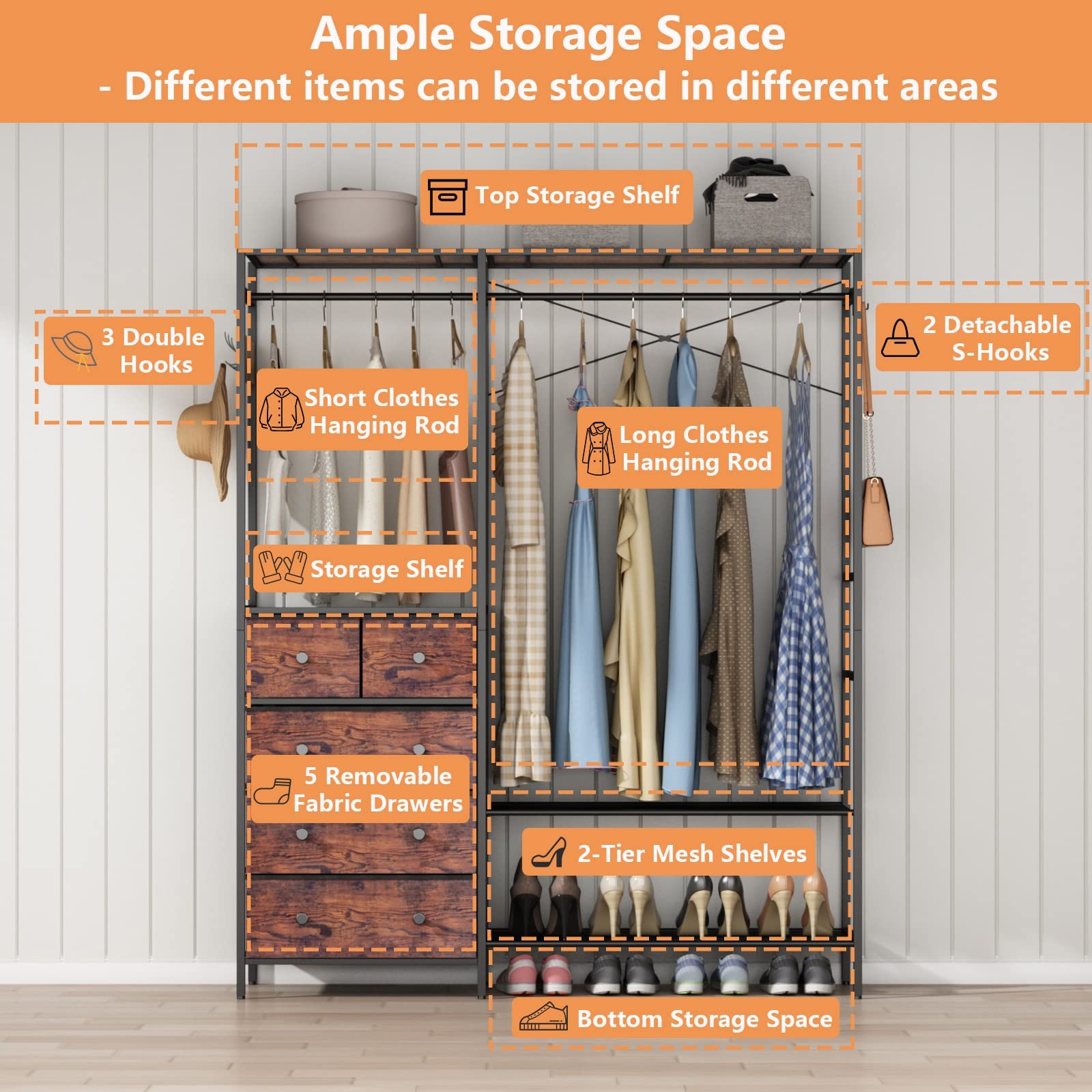 Auromie Heavy Duty Clothes Rack With 5 Drawers & 4 Storage Shelves, 70.9Hx59.1W Clothing Rack With 2 Hanging Rods, Wardrobe Clos